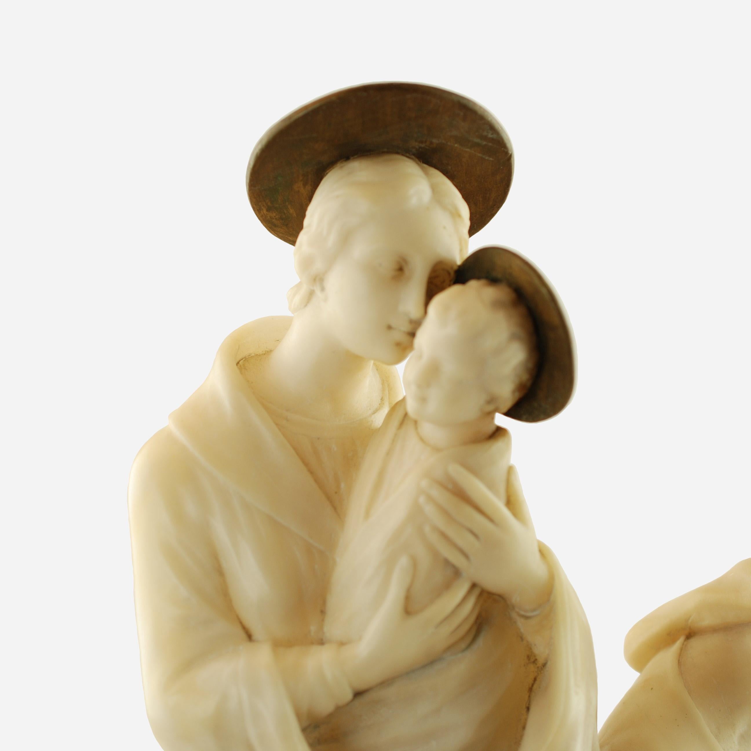 E. Fiaschi Flight into Egypt Alabaster, Bronze & Marble Holy Family Sculpture In Good Condition For Sale In Cincinnati, OH