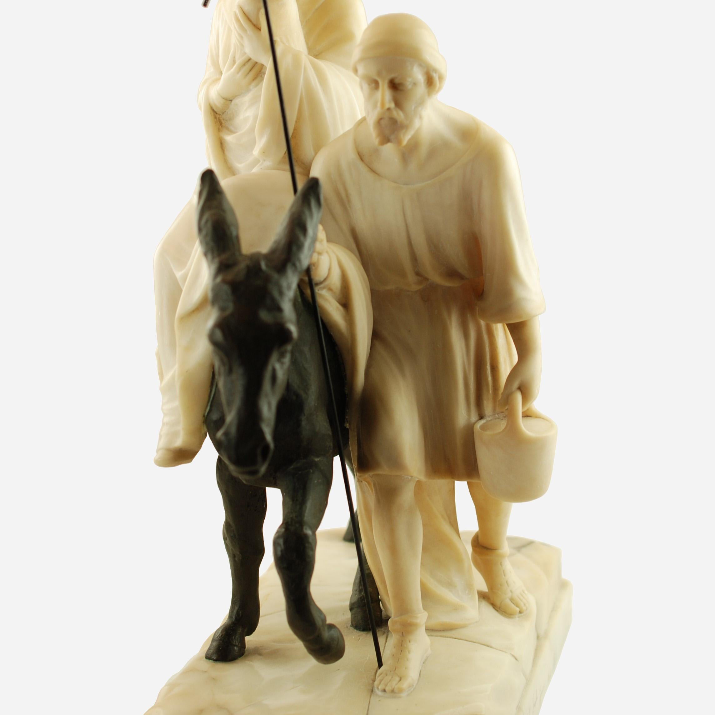 19th Century E. Fiaschi Flight into Egypt Alabaster, Bronze & Marble Holy Family Sculpture For Sale