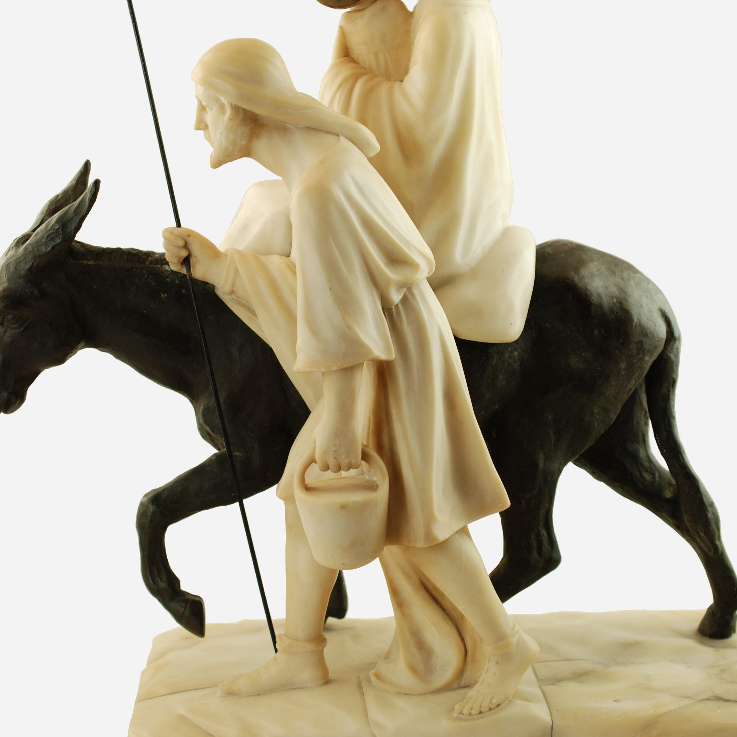 E. Fiaschi Flight into Egypt Alabaster, Bronze & Marble Holy Family Sculpture For Sale 2
