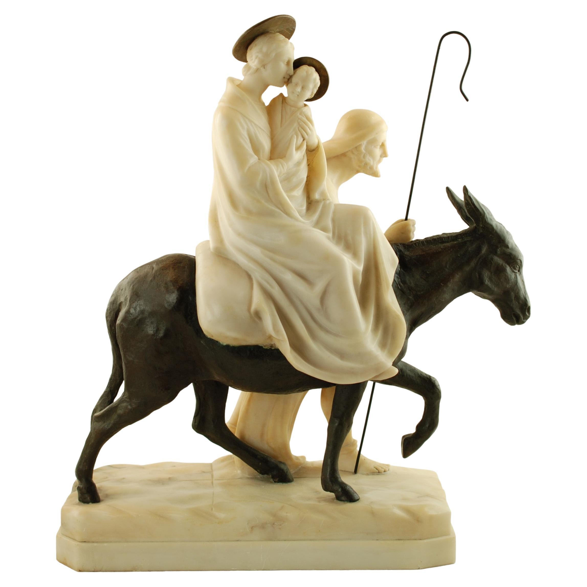 E. Fiaschi Flight into Egypt Alabaster, Bronze & Marble Holy Family Sculpture For Sale