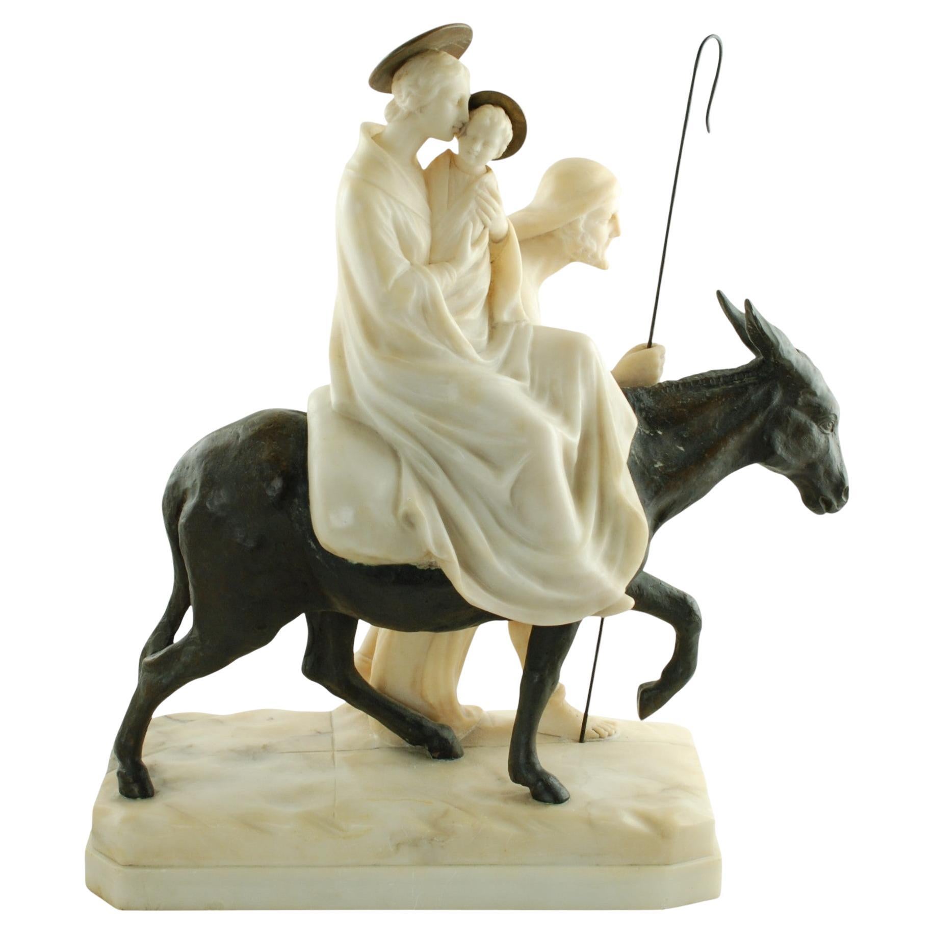 E. Fiaschi Flight into Egypt Alabaster, Bronze & Marble Holy Family Sculpture