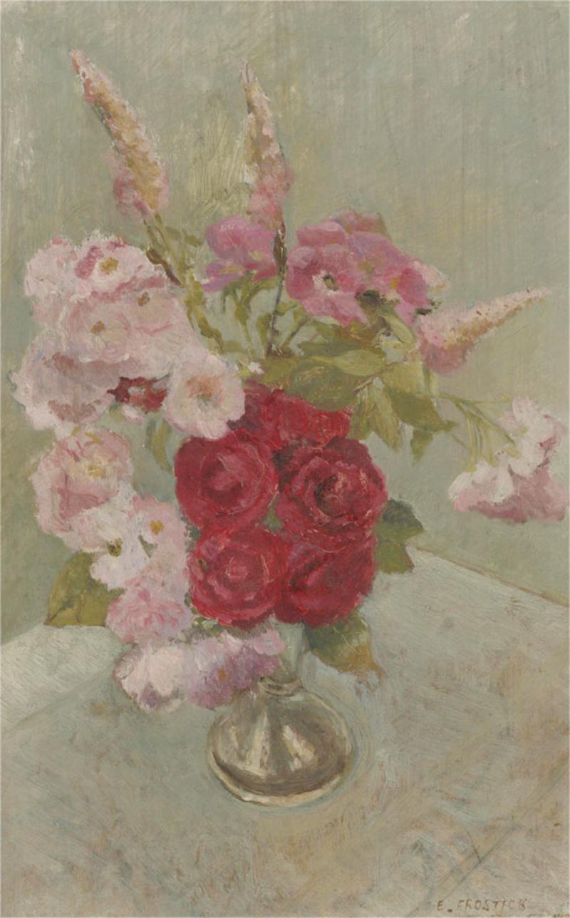 E. Frostick - Mid 20th Century Oil, Vase of Pink Flowers For Sale 1
