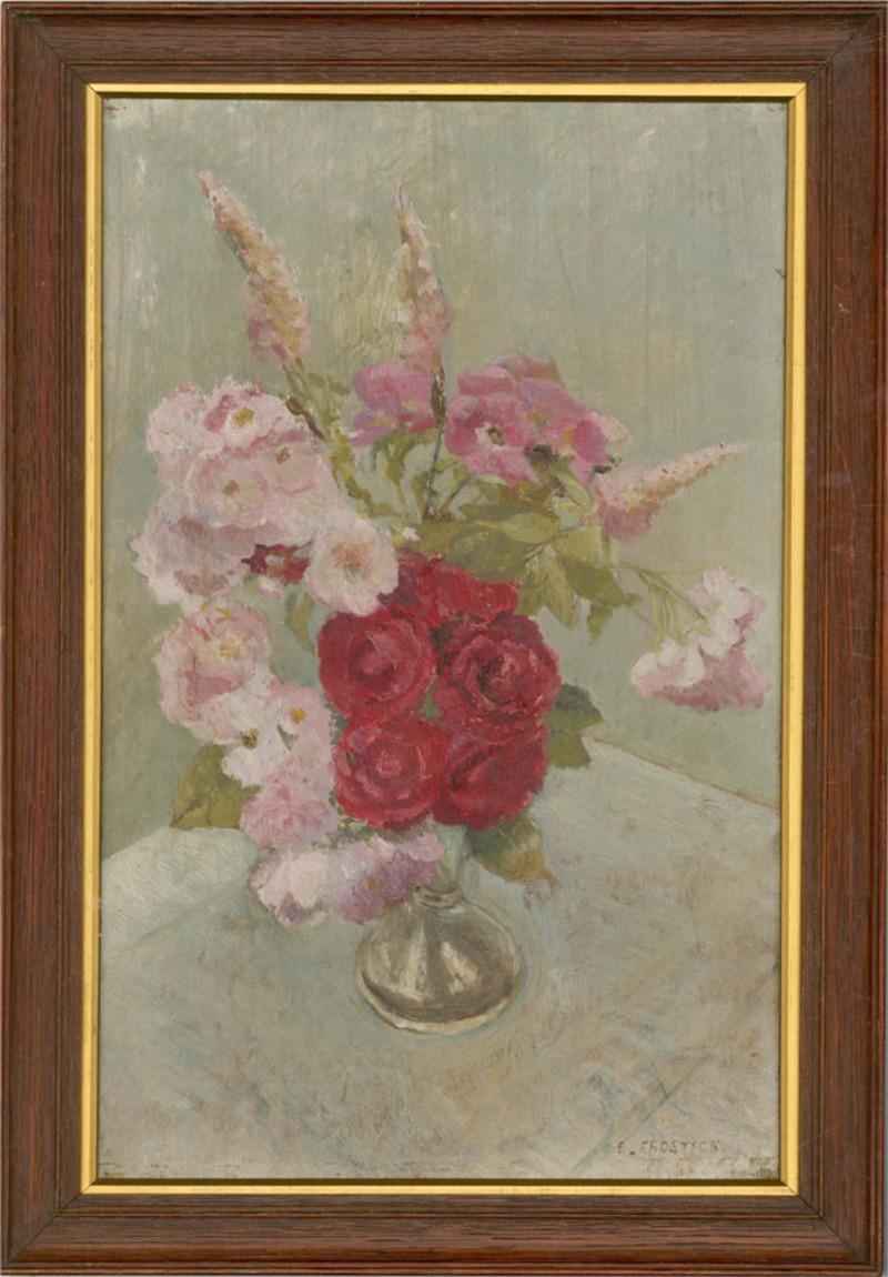 A beautiful selection of pink flowers in a glass vase. This charming mid-century piece uses a muted palette to create calming and well-balanced composition. Signed to the lower right. Presented in a wooden frame with a gilt slip. On board.
