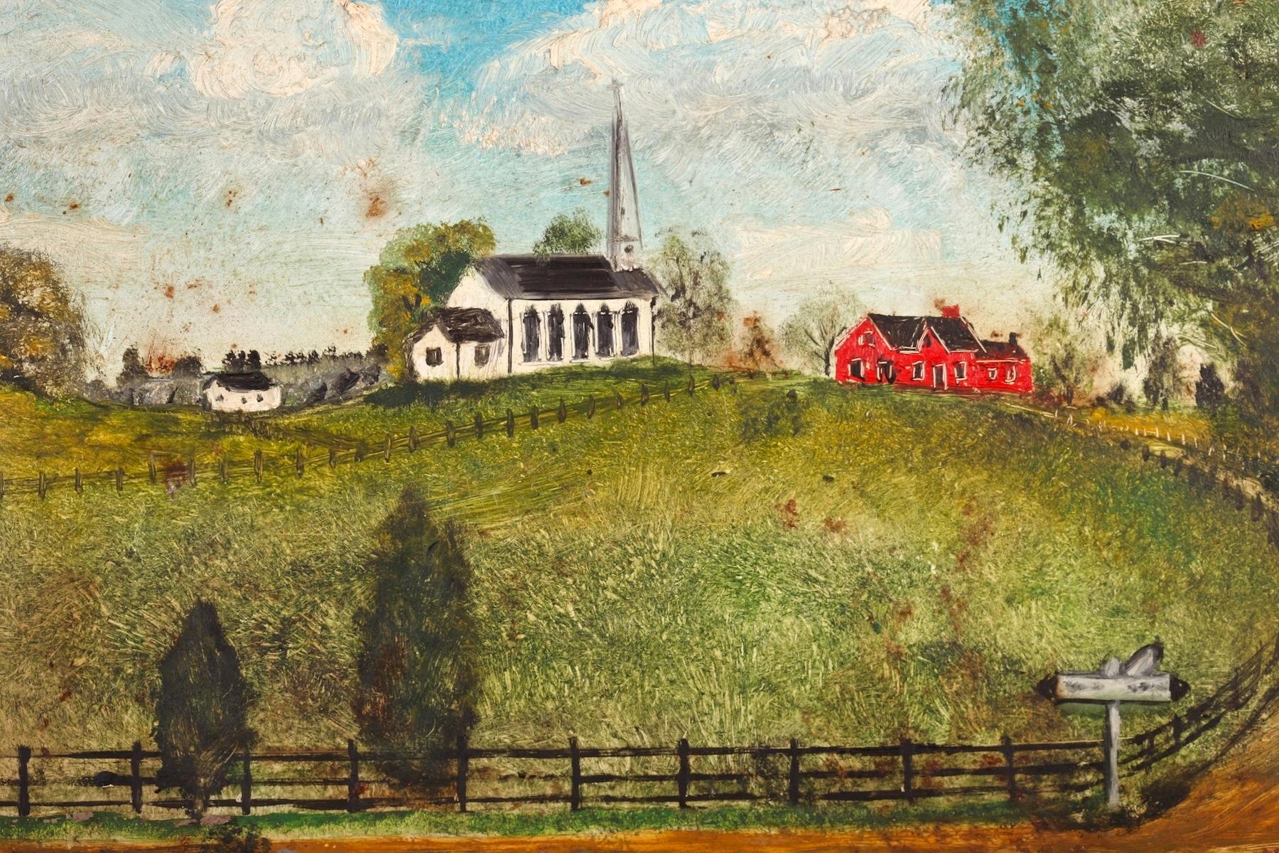 Fabulous Folk Art outsider art painting of a country Church by Pennsylvania artist E. G. Fahrenholtz (Elwood 