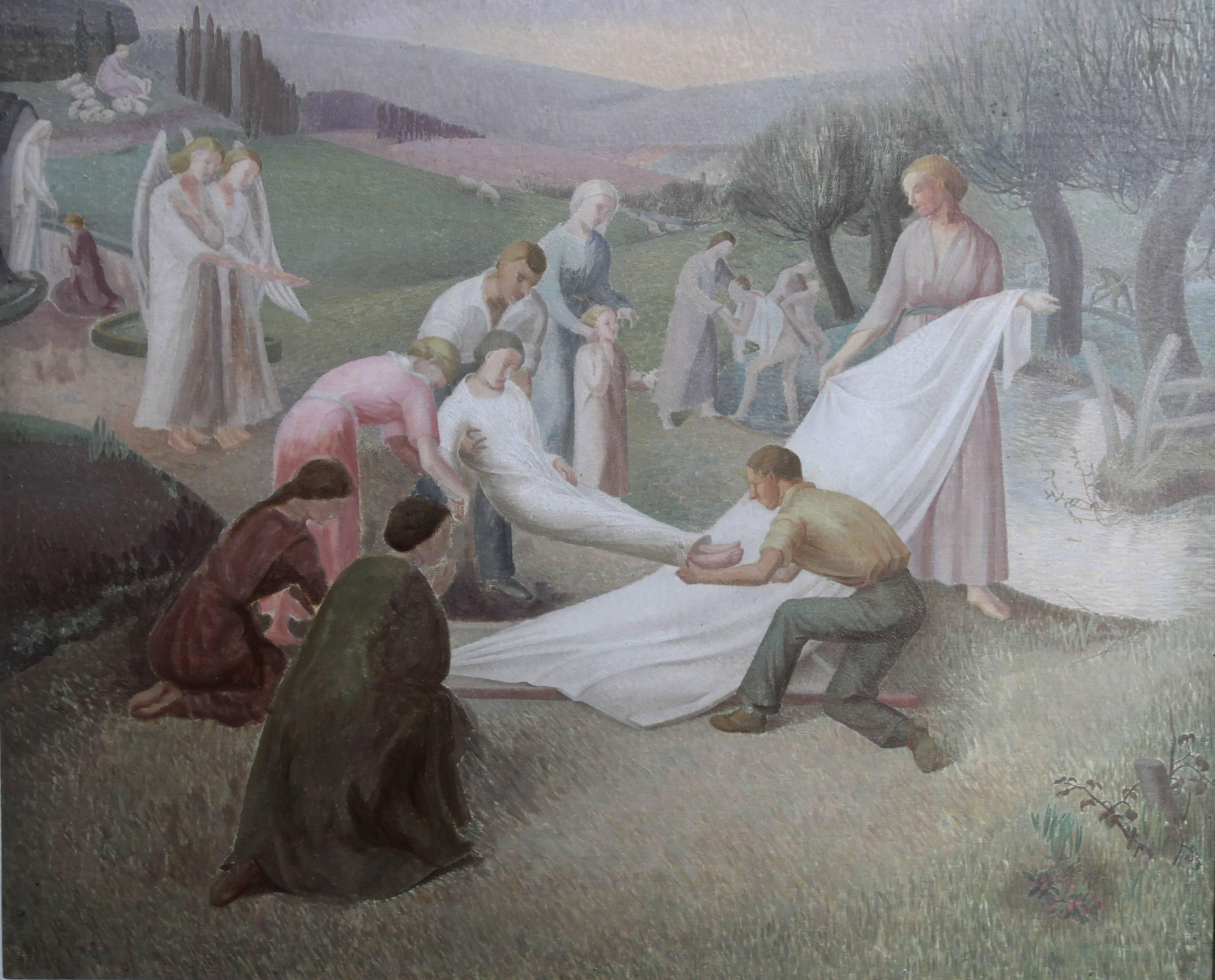 The Entombment - British art 30's oil painting religious landscape Jesus angels - Painting by E G Tucker