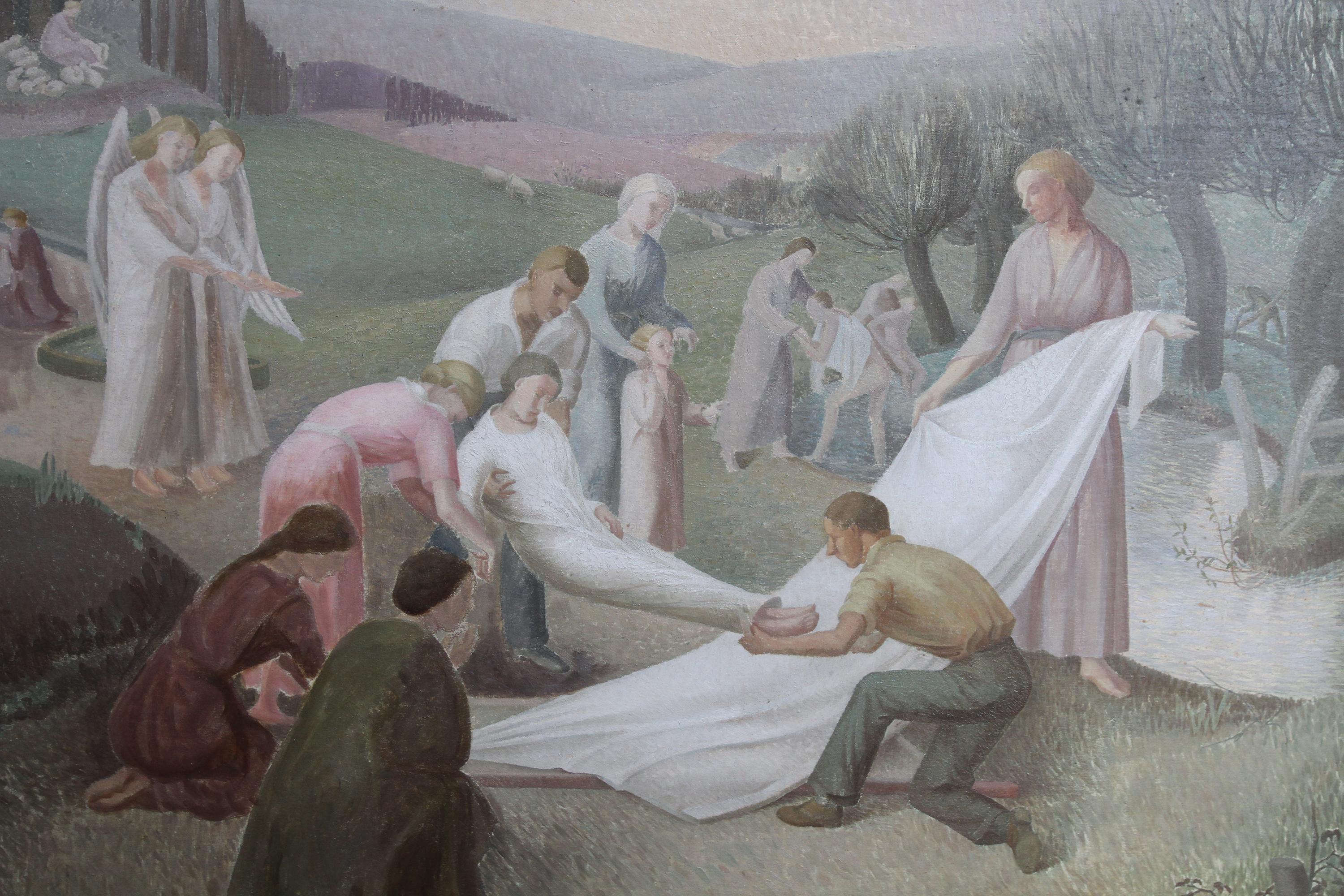 The Entombment - British art 30's oil painting religious landscape Jesus angels - Realist Painting by E G Tucker