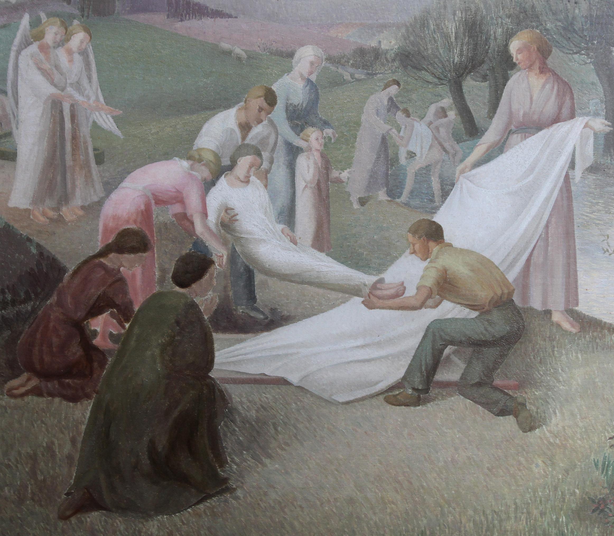 A huge British adaptation of The Entombment. Oil/Tempera on panel by E G Tucker.  The scene depicts Jesus being wrapped whilst the angels look on.  The work was executed for The Roma Scholarship and Austin Abbey Scholarship in Mural painting.