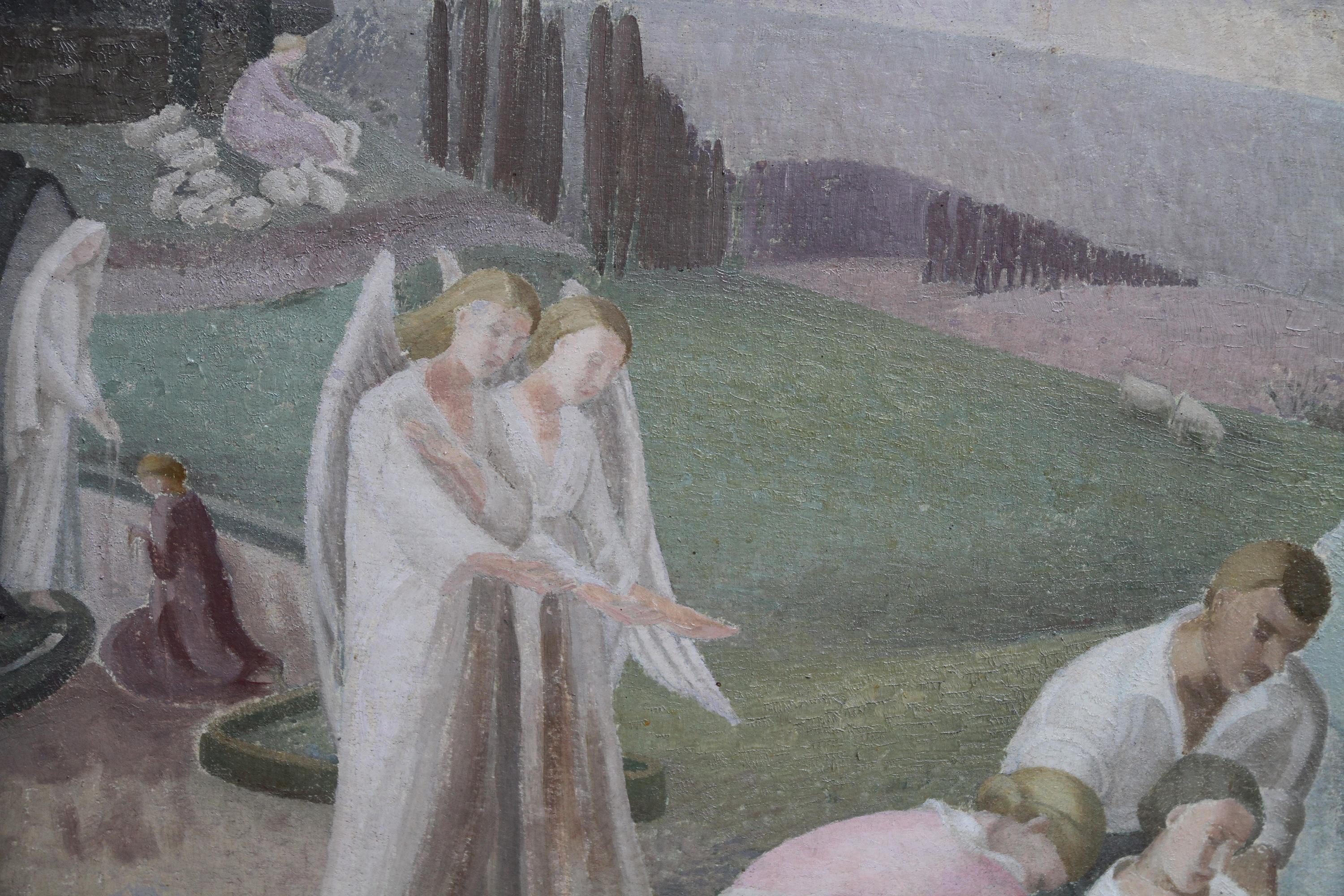 The Entombment - British art 30's oil painting religious landscape Jesus angels For Sale 2