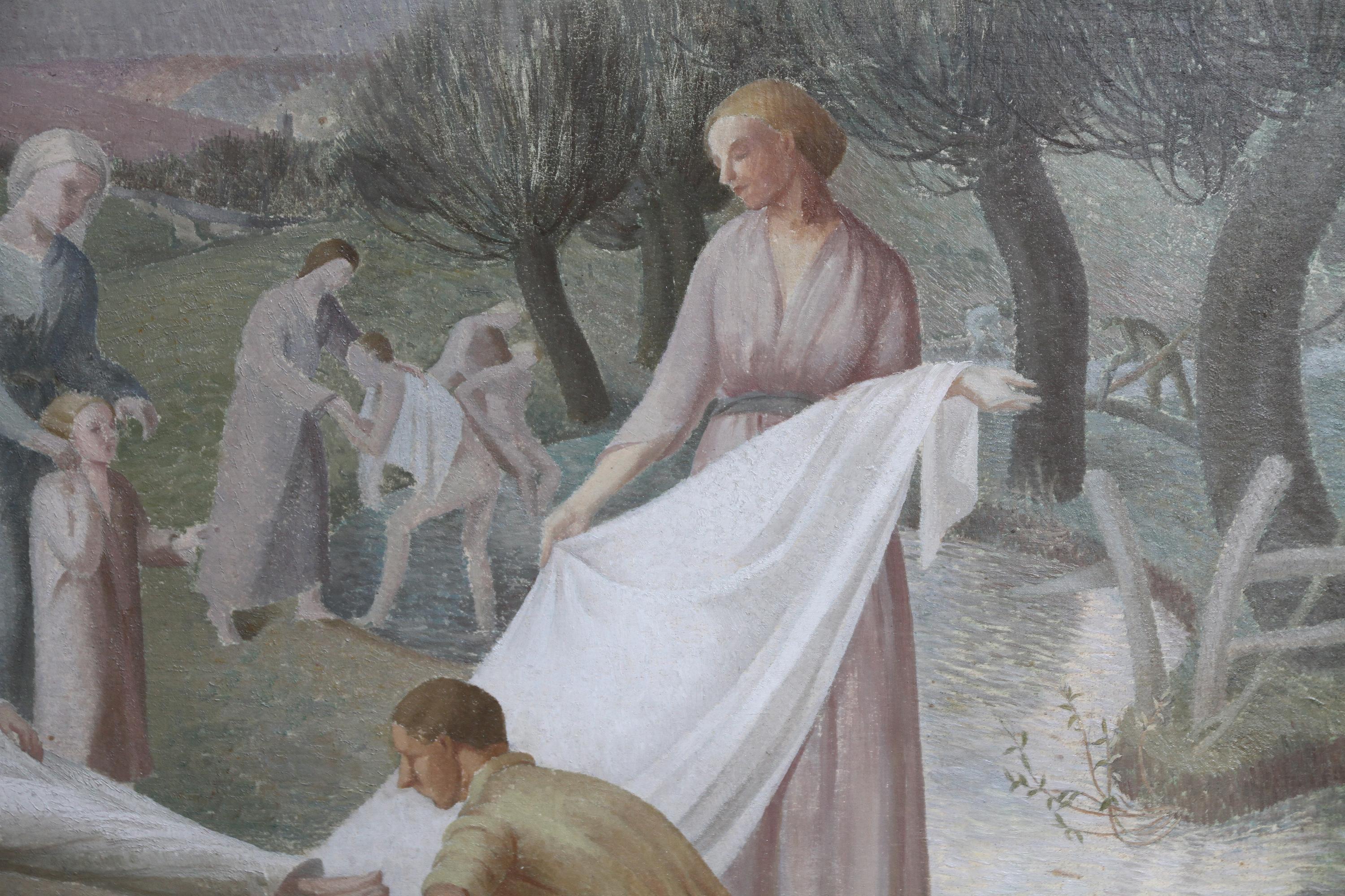 The Entombment - British art 30's oil painting religious landscape Jesus angels For Sale 3