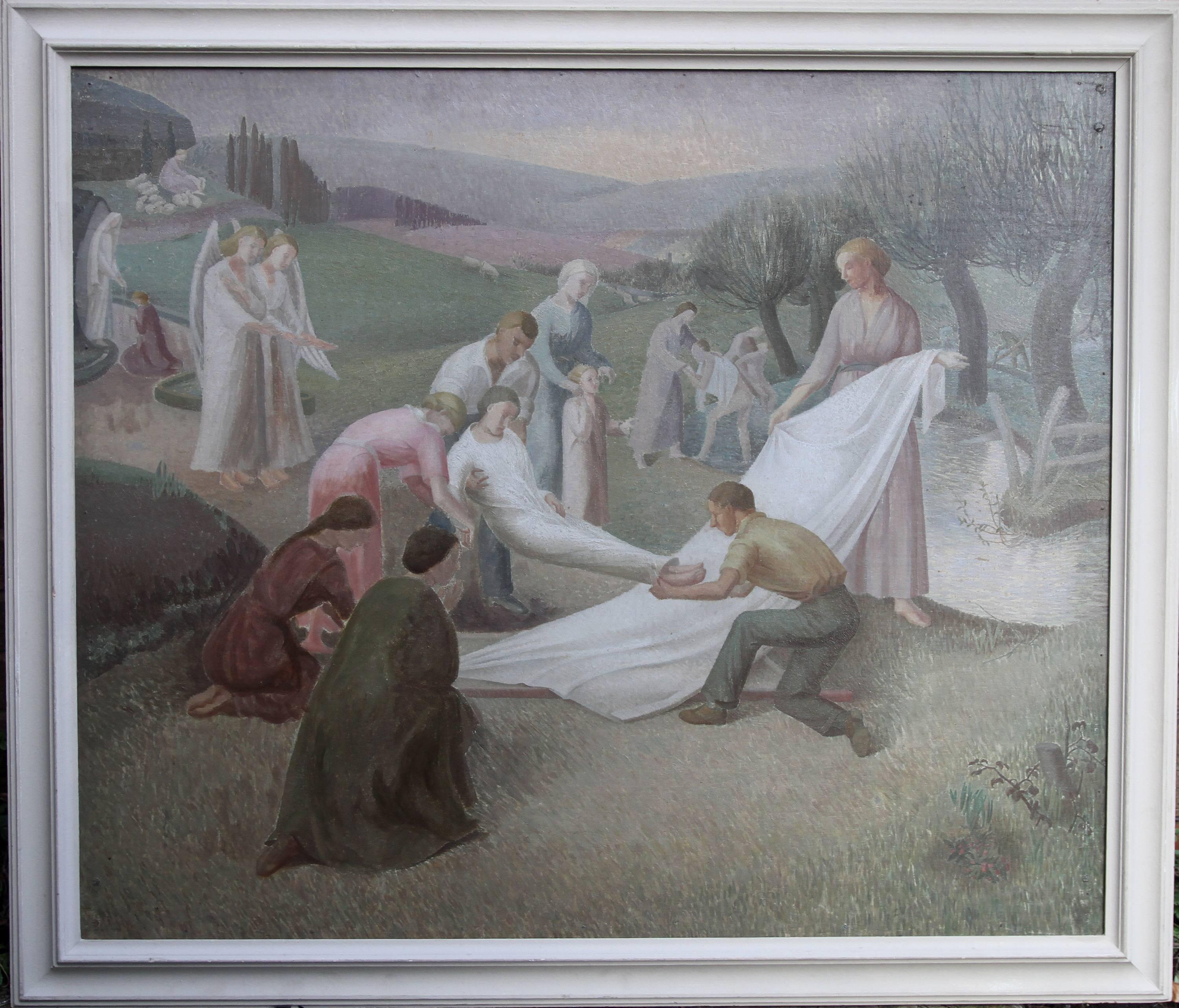 The Entombment - British art 30's oil painting religious landscape Jesus angels