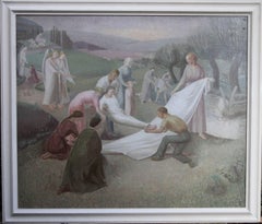 Vintage The Entombment - British art 30's oil painting religious landscape Jesus angels