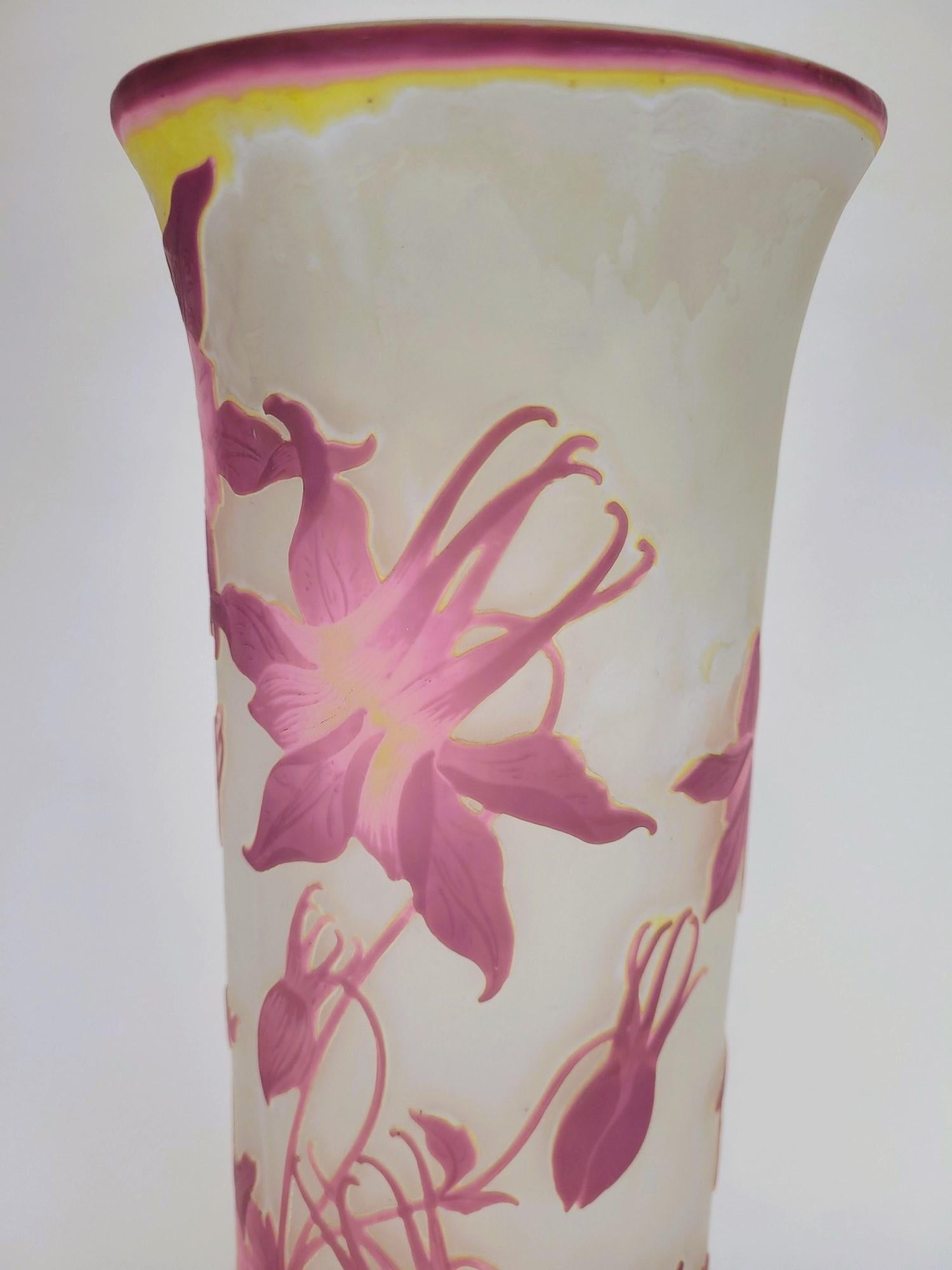 Large multi-layered glass vase, with acid-etched decoration, of comumbines in flowers and buds

Japanese-style Gallé signature

Good condition, no cracks or chips

Early 20th century 

height 62 cm
diameter 23