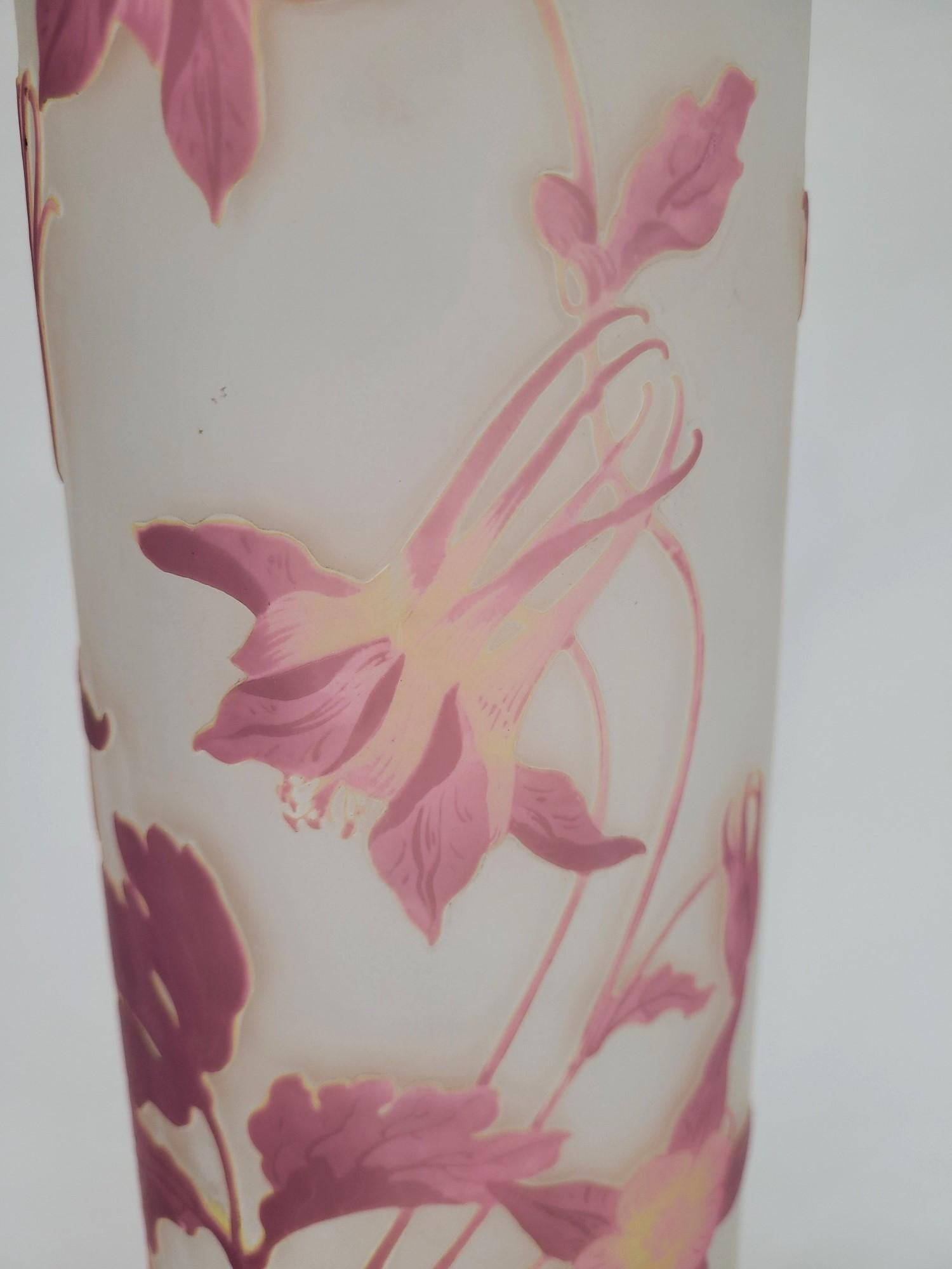 Art Glass E Gallé, Large Vase With Comumbines, Art Nouveau For Sale