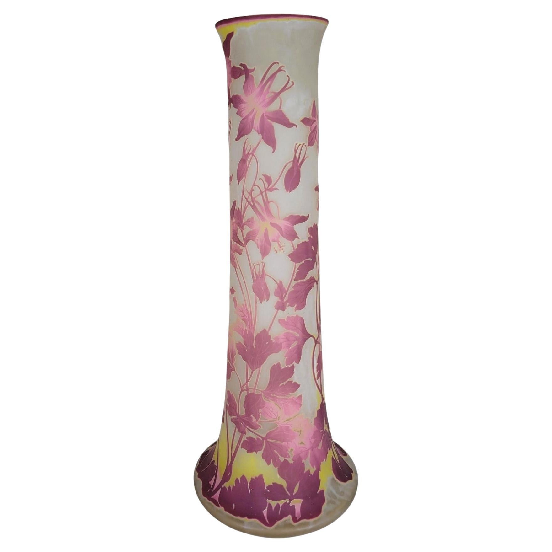 E Gallé, Large Vase With Comumbines, Art Nouveau For Sale