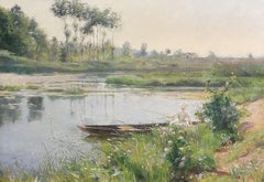 Femme pêchant, Édouard Gelhay, Peinture à l'huile/toile, Impressionniste