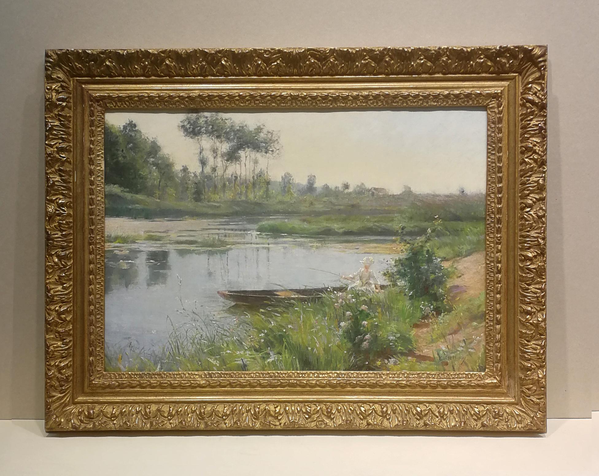 E. Gelhay Landscape Painting - Woman fishing, Édouard Gelhay, Oil paint/canvas, Impressionist