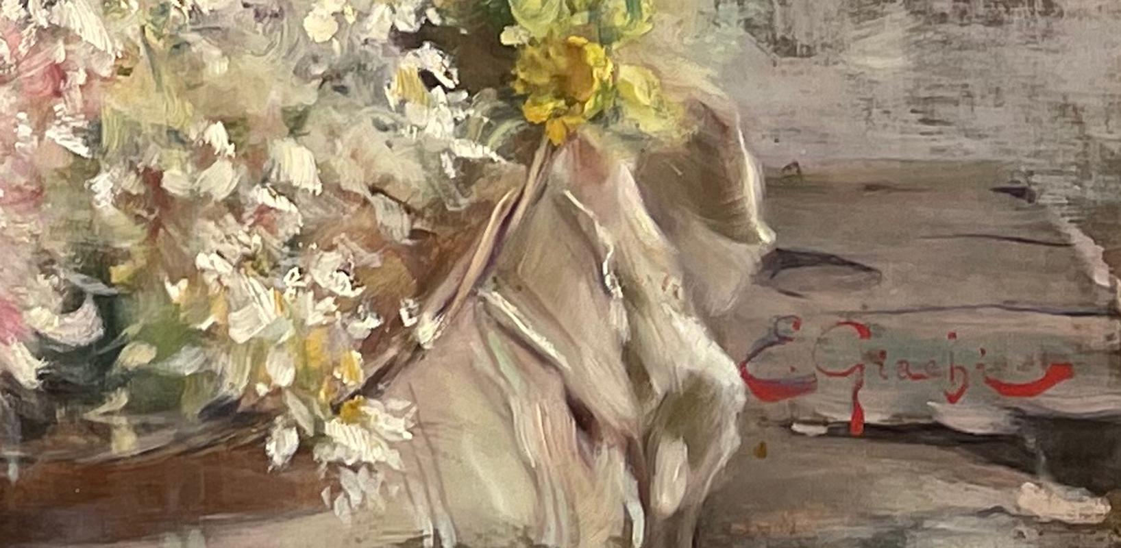 FLOWER GIRL by E. Giachi dress & flowers in Italian town landscape LARGE 19th c. en vente 11