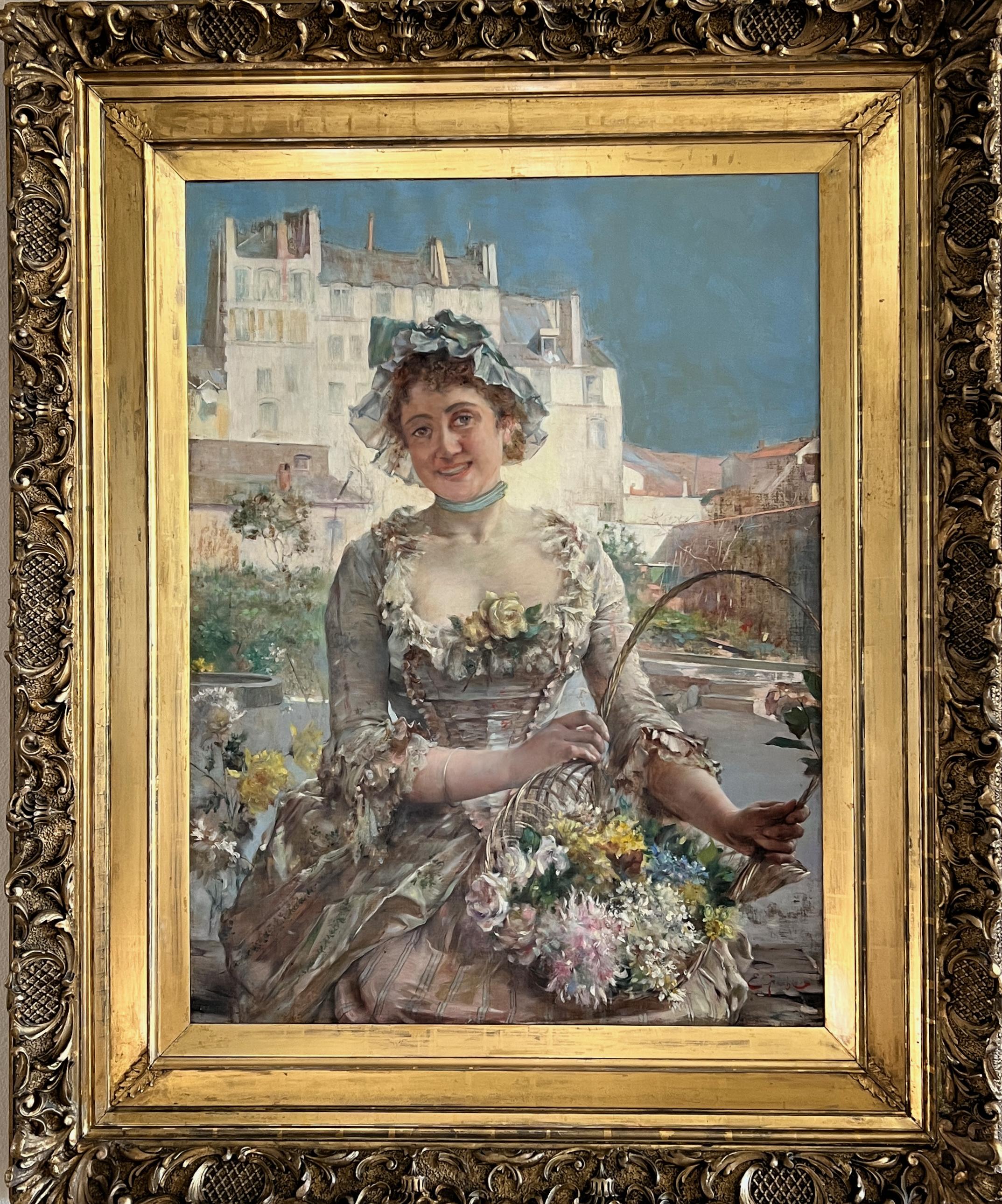 FLOWER GIRL by E. Giachi dress & flowers in Italian town landscape LARGE 19th c. en vente 1