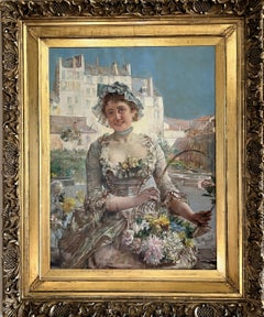 FLOWER GIRL by E. Giachi dress & flowers in Italian town landscape LARGE 19th c