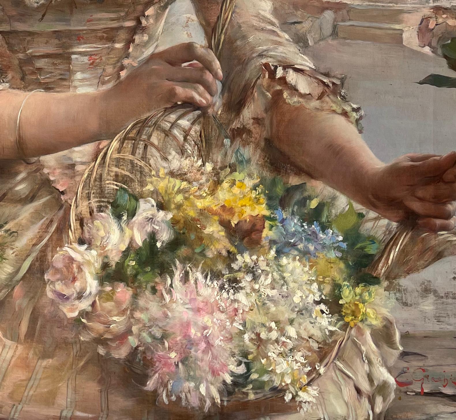 FLOWER GIRL by E. Giachi dress & flowers in Italian town landscape LARGE 19th c For Sale 1