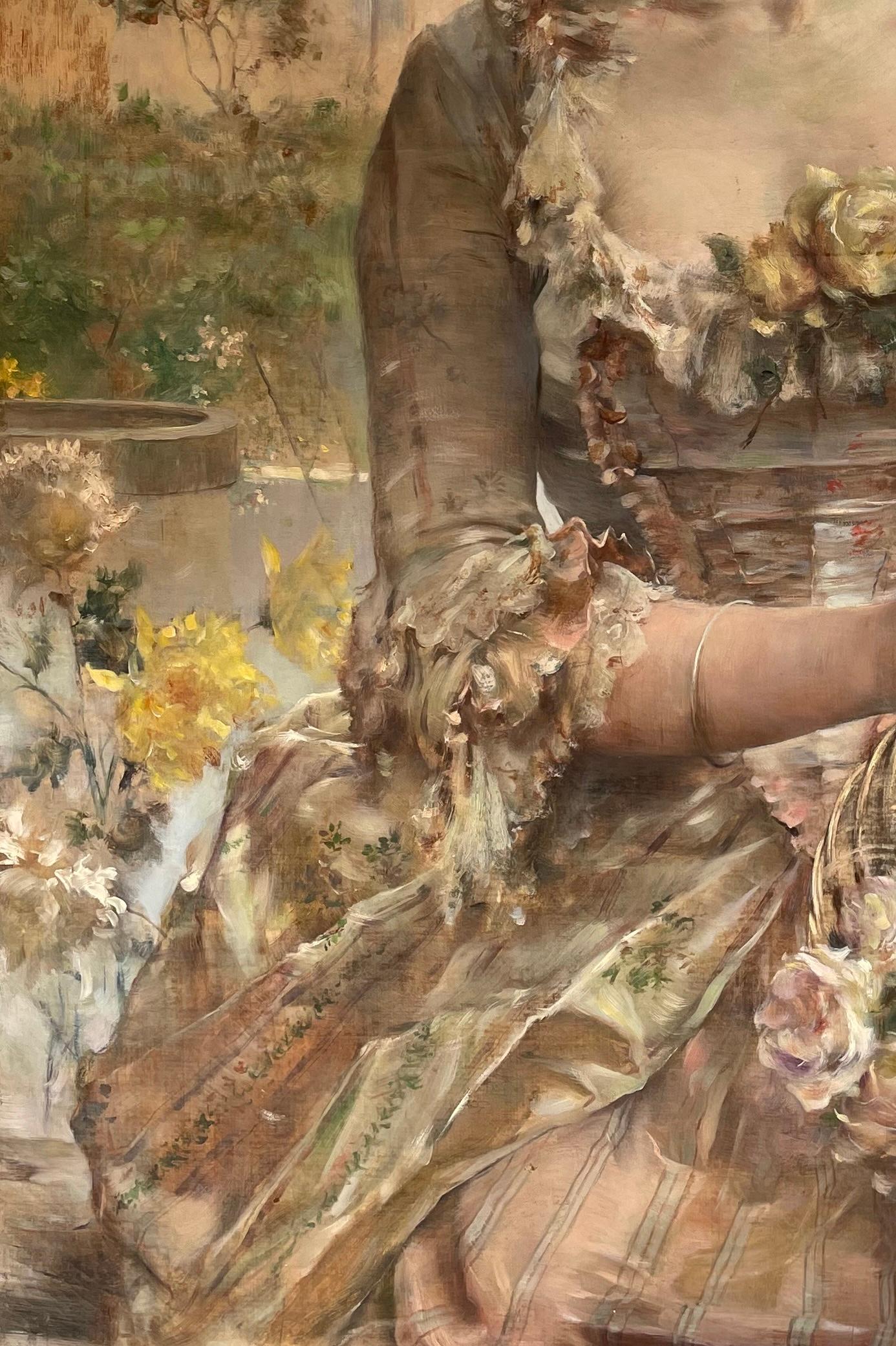 FLOWER GIRL by E. Giachi dress & flowers in Italian town landscape LARGE 19th c For Sale 5
