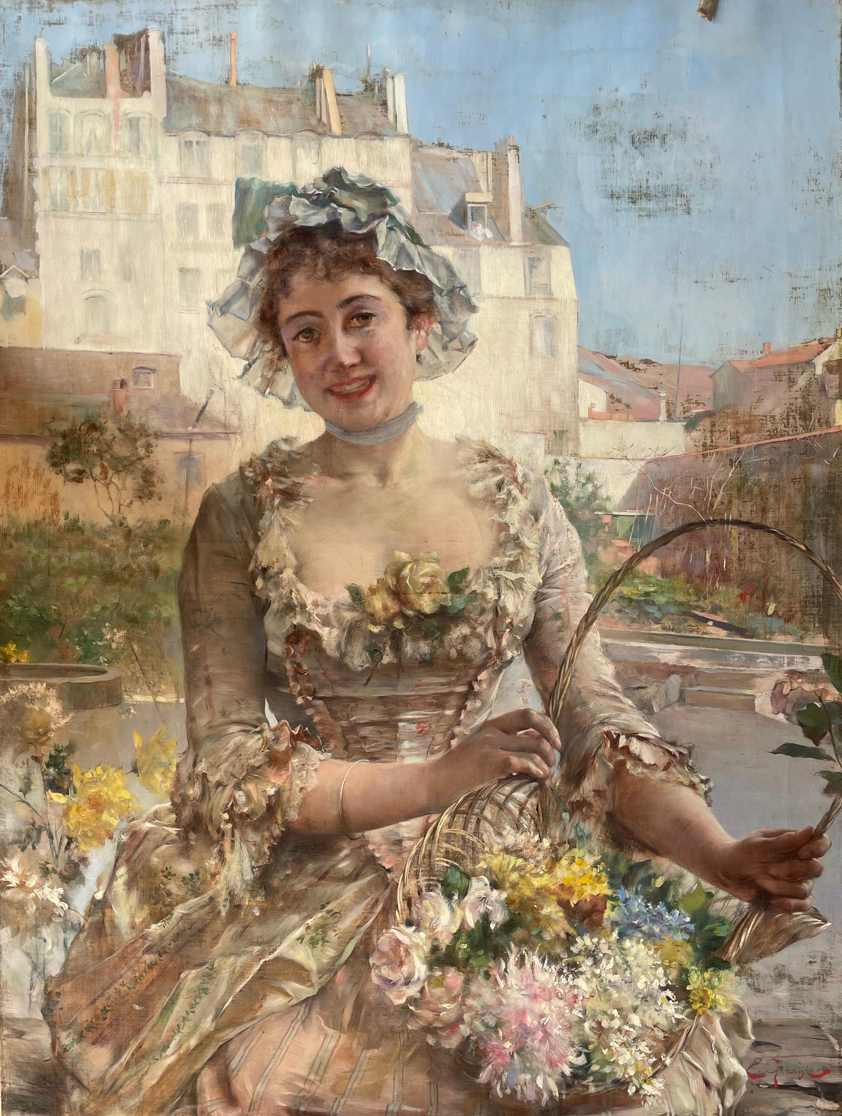 Une magnifique peinture de l'artiste italien du XIXe siècle E. Giachi. Ce grand tableau représente une bouquetière italienne portant une belle robe et un panier de fleurs dans un paysage de Townes. 