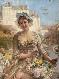 Antique FLOWER GIRL by E. Giachi dress & flowers in Italian town landscape LARGE 19th c