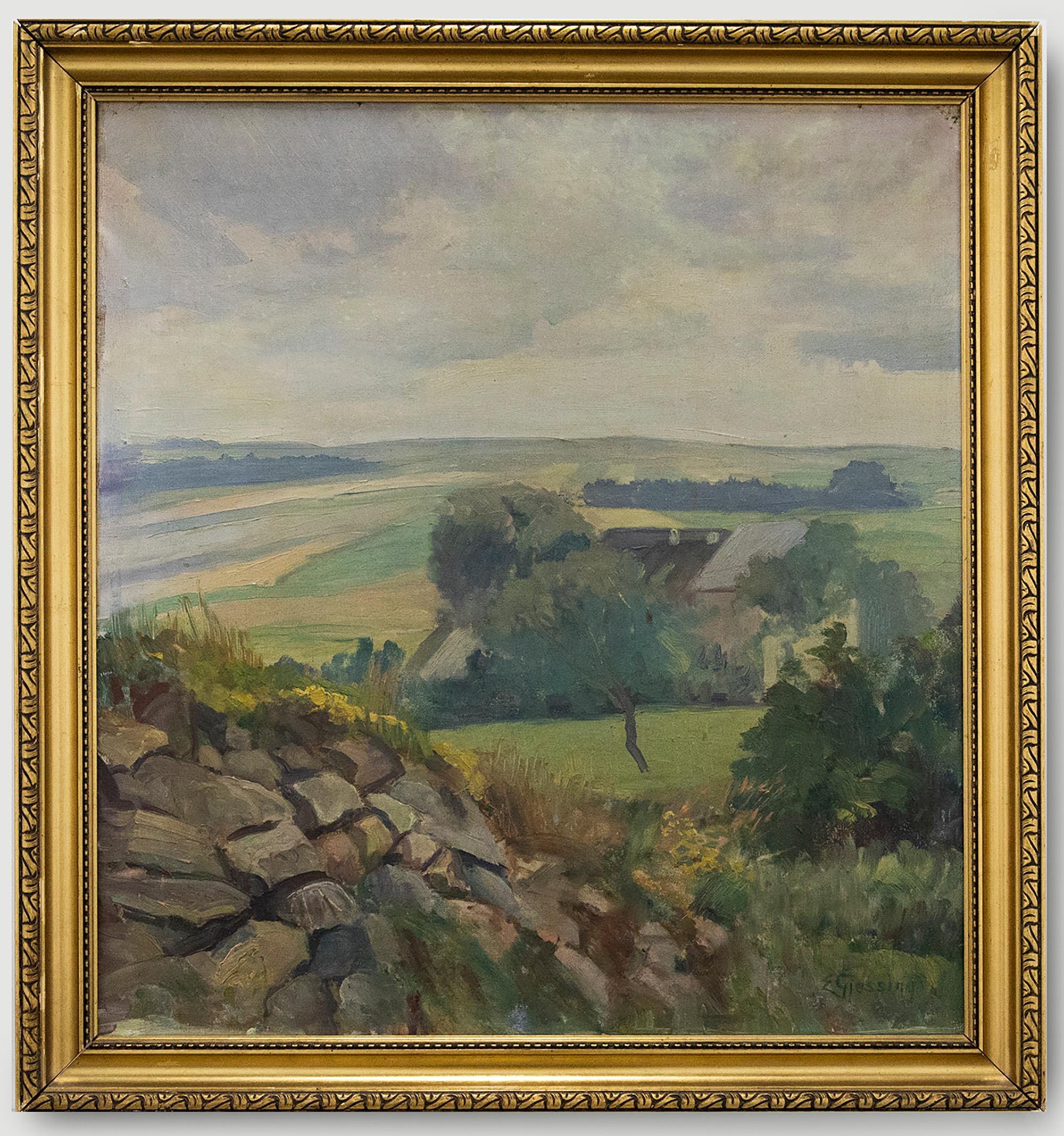 A charming oil study of the view of the vast valley. The artist starts our viewpoint at a drystone wall and extends it out to the expansive greenery. Signed to the lower right. Presented in a gilt frame. On canvas.