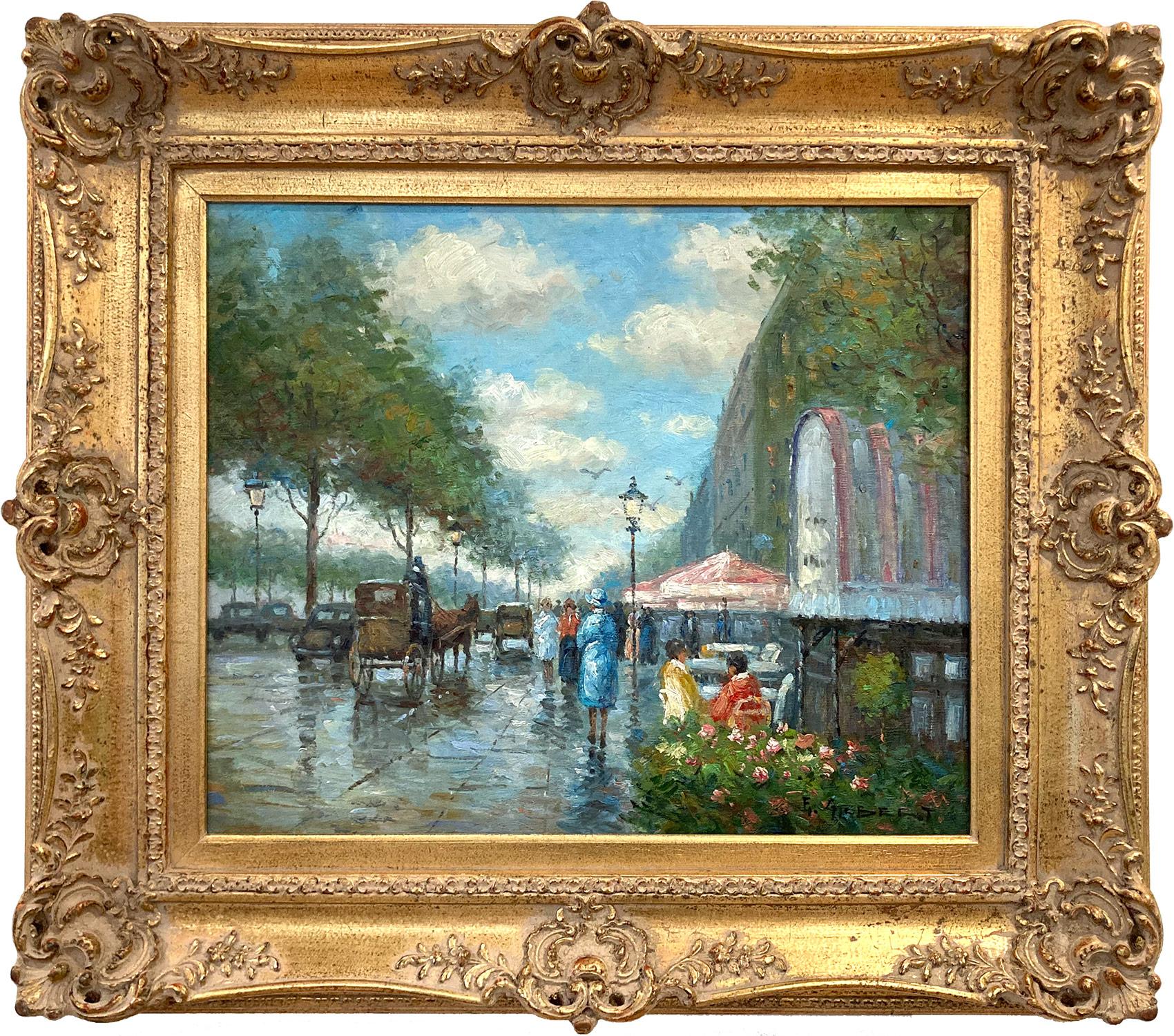 Landscape Painting de E. Gilbert - "Día de primavera en los cafés" Escena callejera parisina postimpresionista