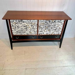 E Gomme Teak And Zebrano Wood Sideboard With Fornasetti Decoupage 1950'S