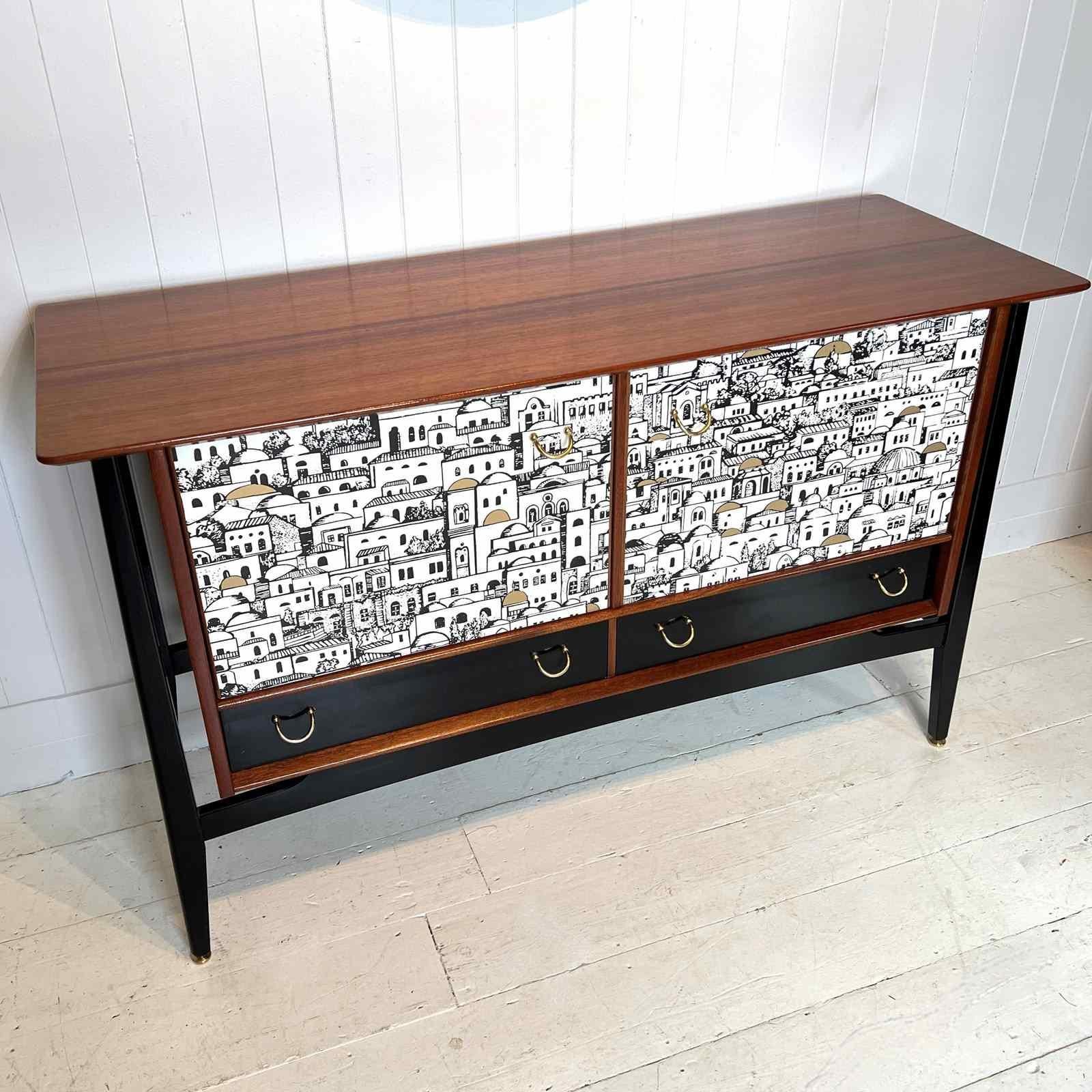 Mid-Century Modern E Gomme Teak And Zebrano Wood Sideboard With Fornasetti Decoupage 1950'S