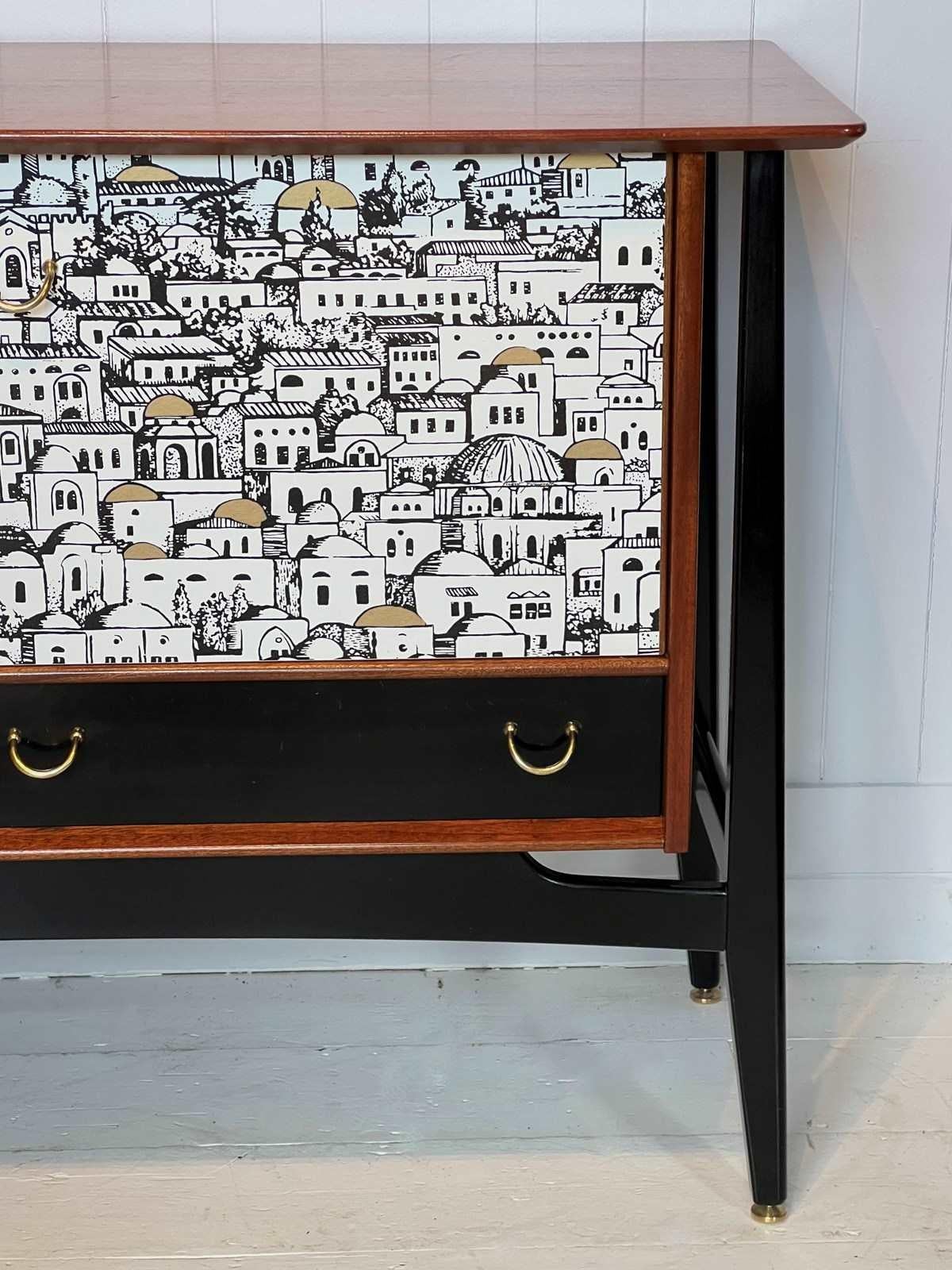 E Gomme Teak And Zebrano Wood Sideboard With Fornasetti Decoupage 1950'S In Excellent Condition In London, GB