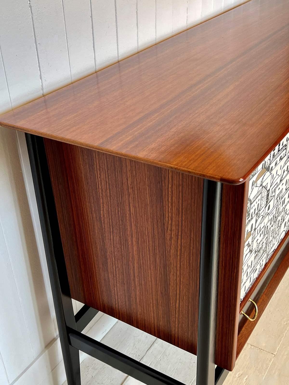 Mid-20th Century E Gomme Teak And Zebrano Wood Sideboard With Fornasetti Decoupage 1950'S