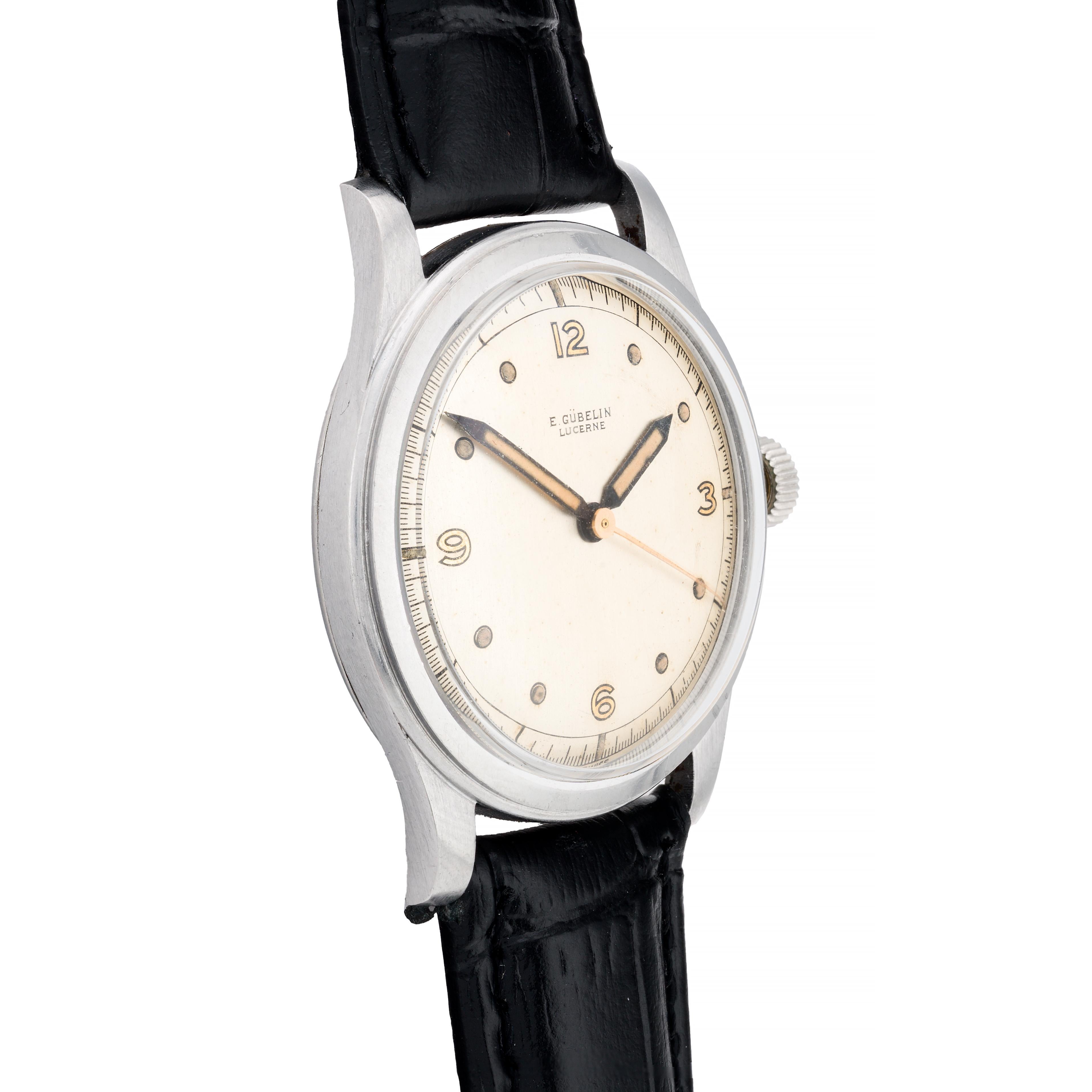 E. Gubelin Art Deco Sweep Seconds Fancy Gilt Dial Mens Dress Wrist Watch In Excellent Condition In Boston, MA