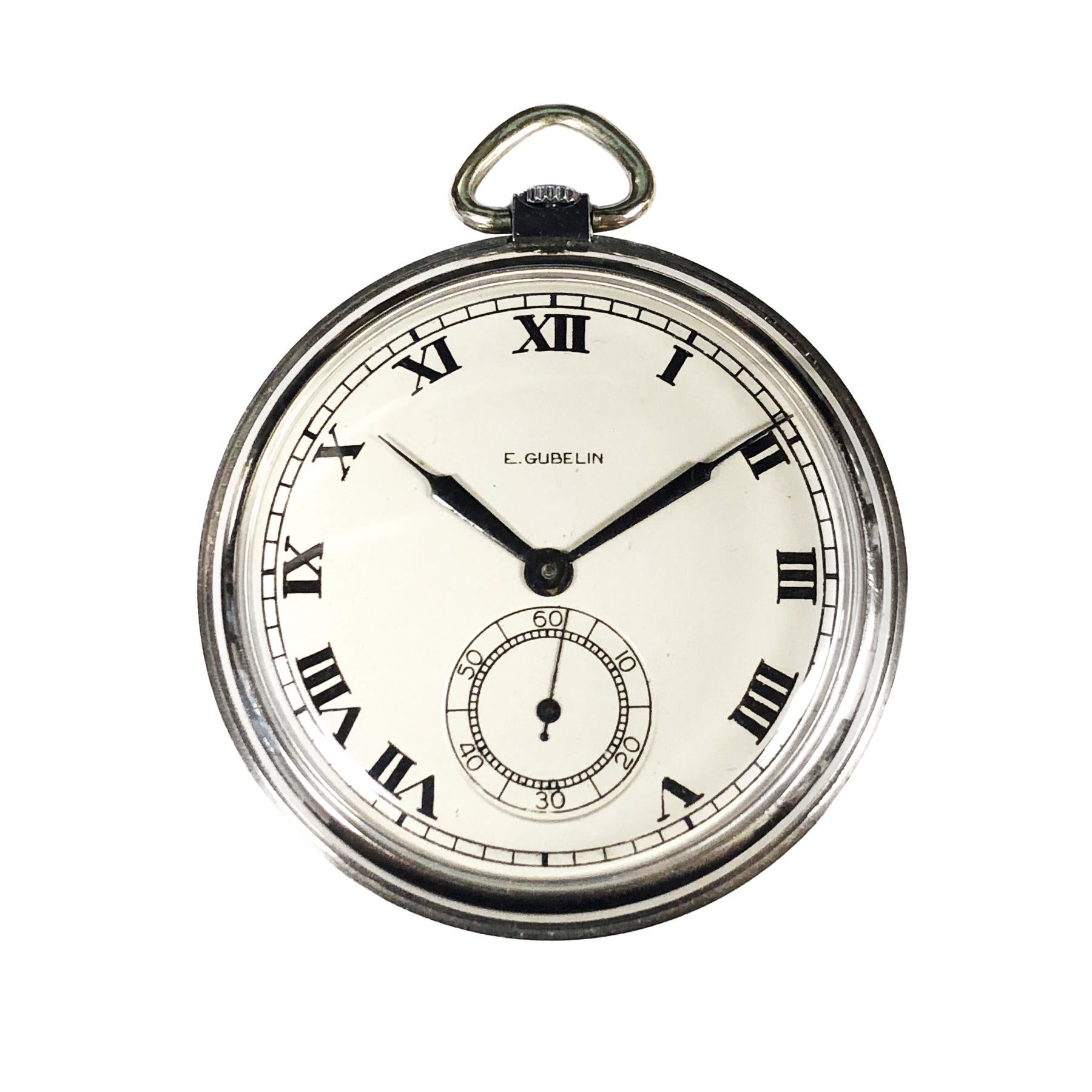 E. Gubelin Stainless Steel 1940s Manual Wind Pocket Watch