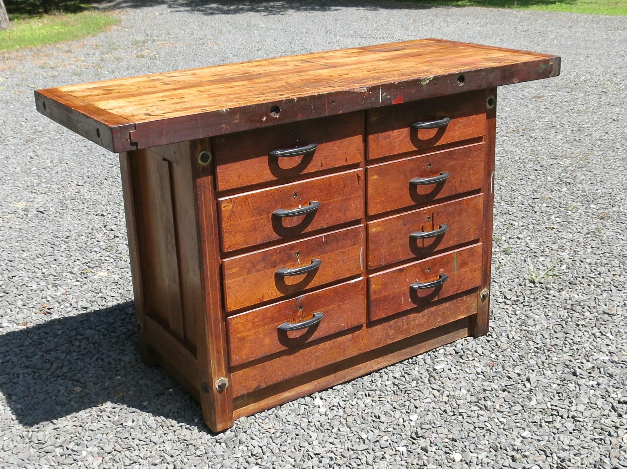 E. H. Sheldon wood workbench. 8 drawers. It is 22.25