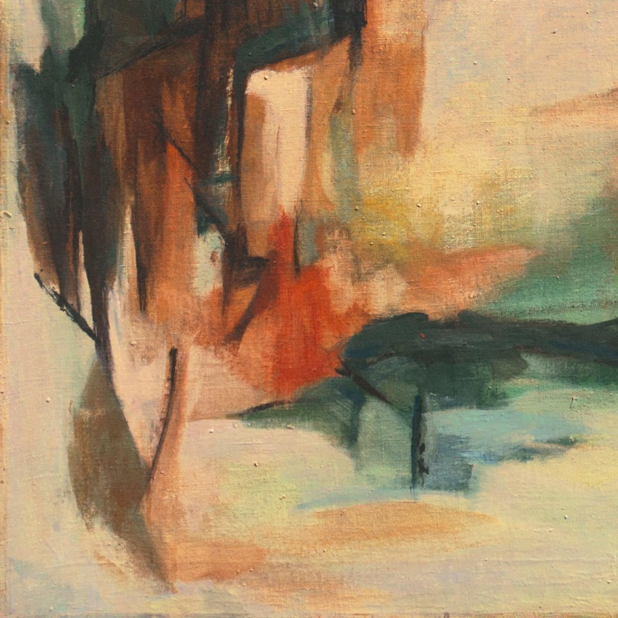 A substantial, mid-century oil abstract comprising contiguous and overlaid areas of jade, terracotta and forest-green laid on a lilac and parchment background. Signed lower right, 'E. Hammerschmidt' (American,20th century) and painted circa 1950.