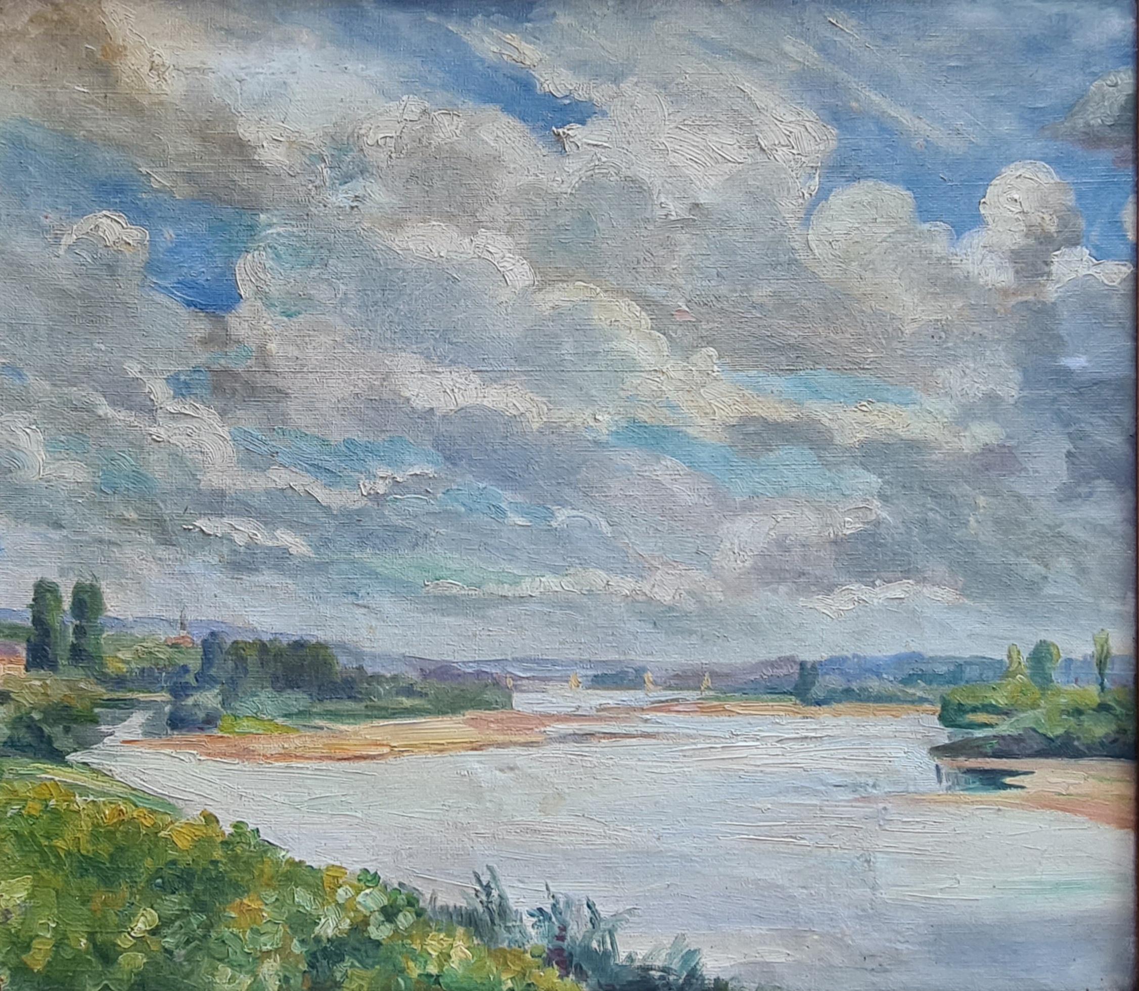 Impressionista francese  Paesaggio fluviale, La Loira. Olio su tela. - Painting di E Hinger