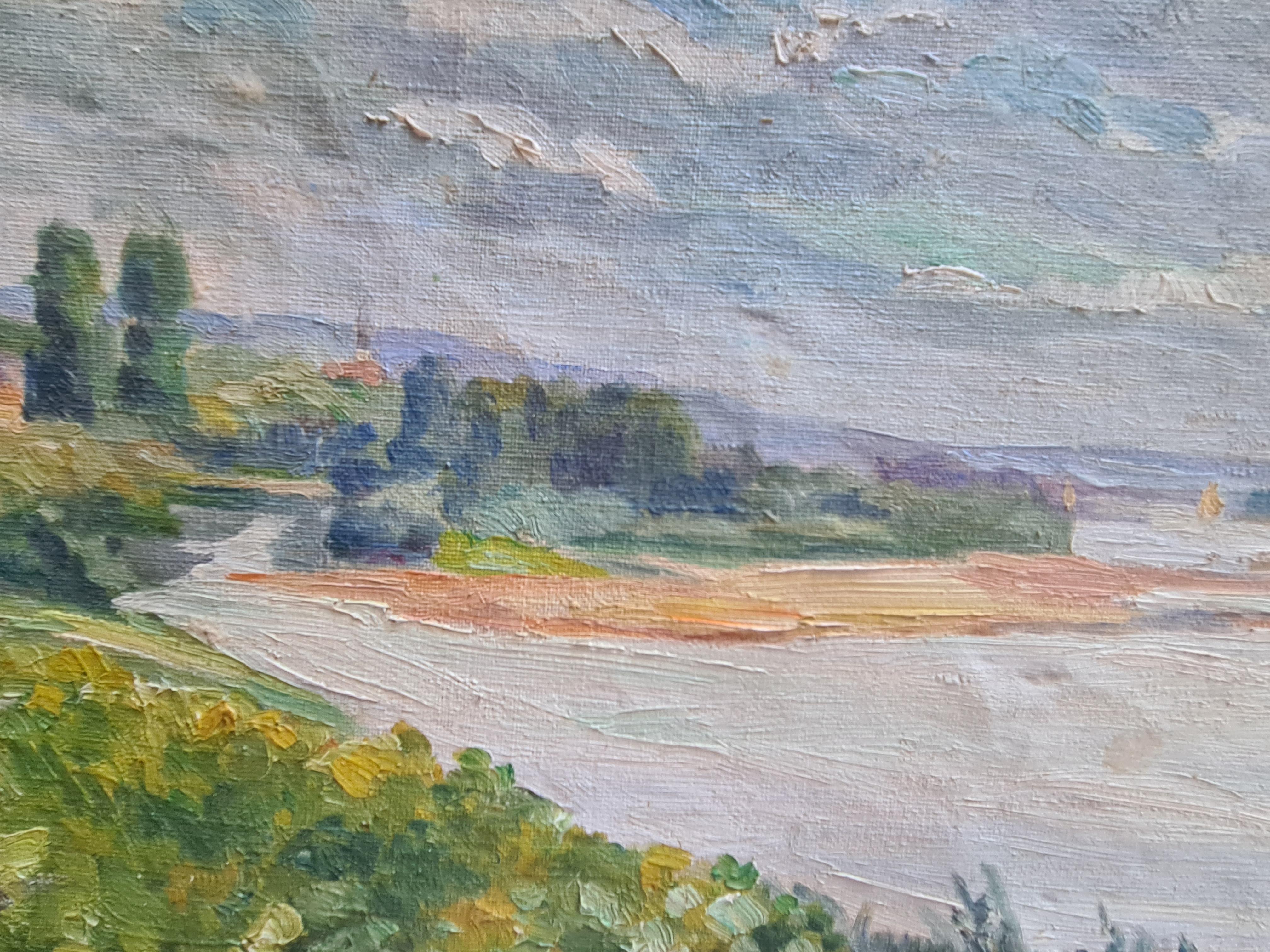 Impressionista francese  Paesaggio fluviale, La Loira. Olio su tela. - Painting Impressionismo di E Hinger