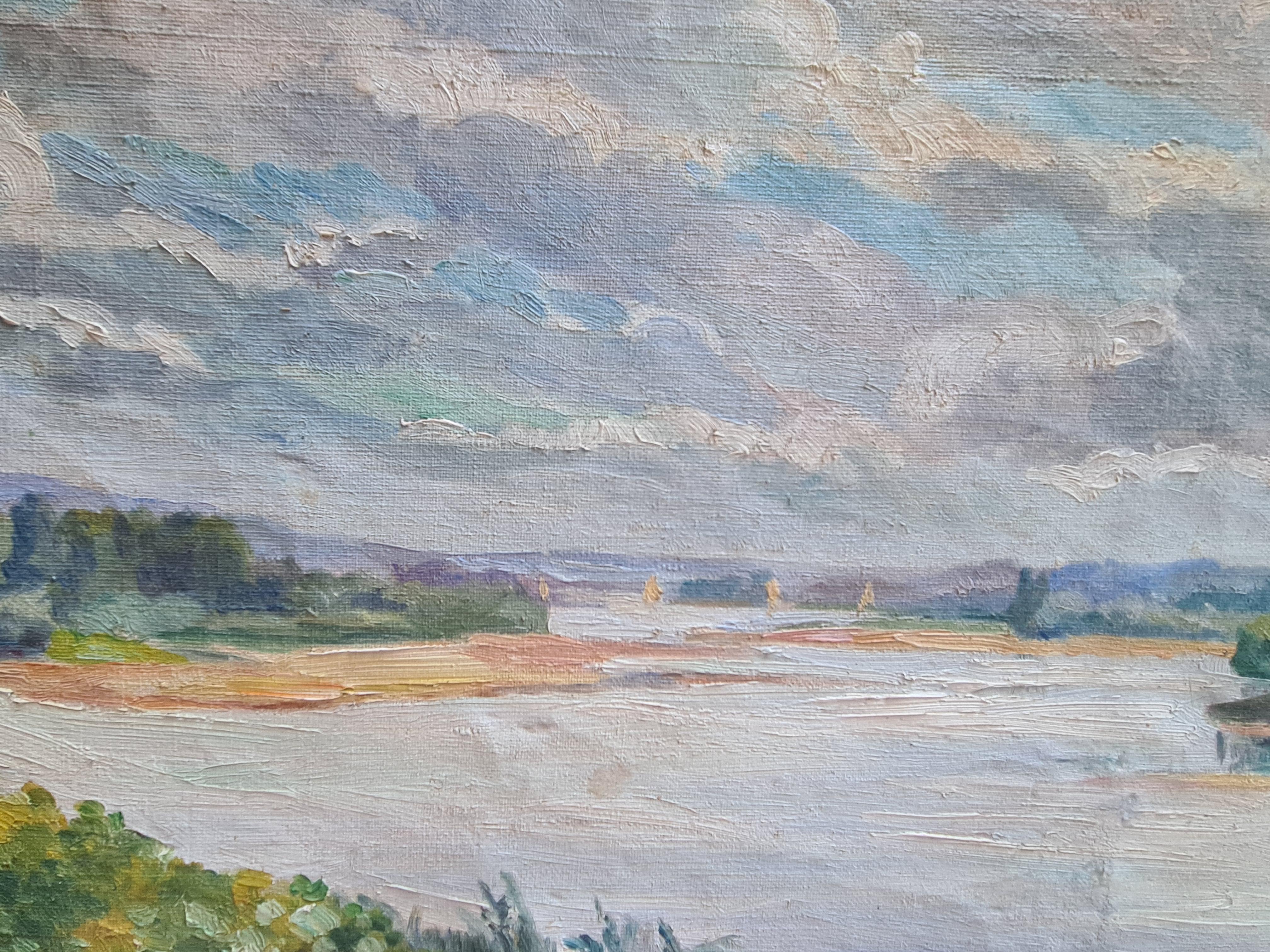 Impressionista francese  Paesaggio fluviale, La Loira. Olio su tela. - Landscape Painting Grigio di E Hinger