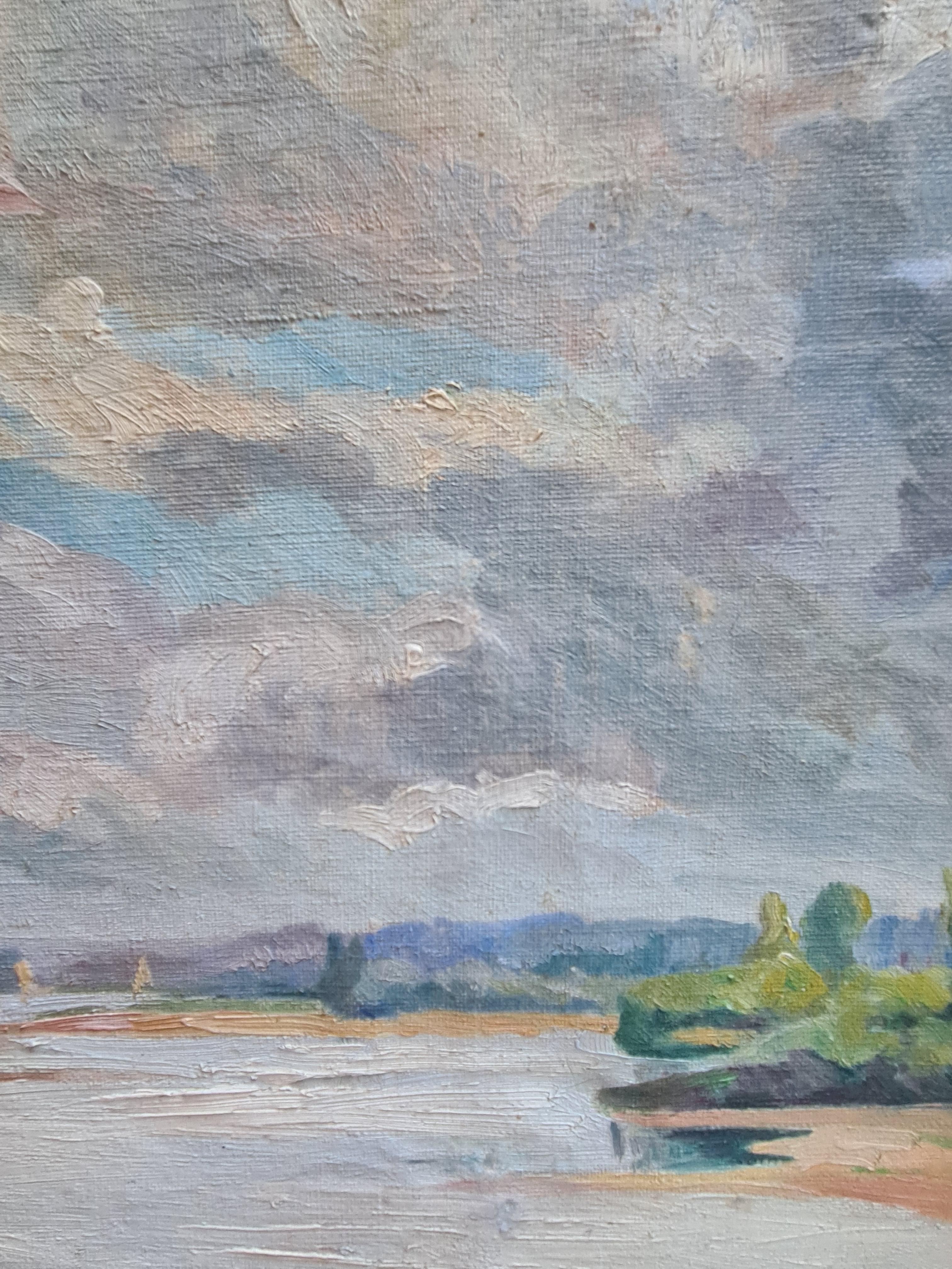 Impressionista francese  Paesaggio fluviale, La Loira. Olio su tela. 1