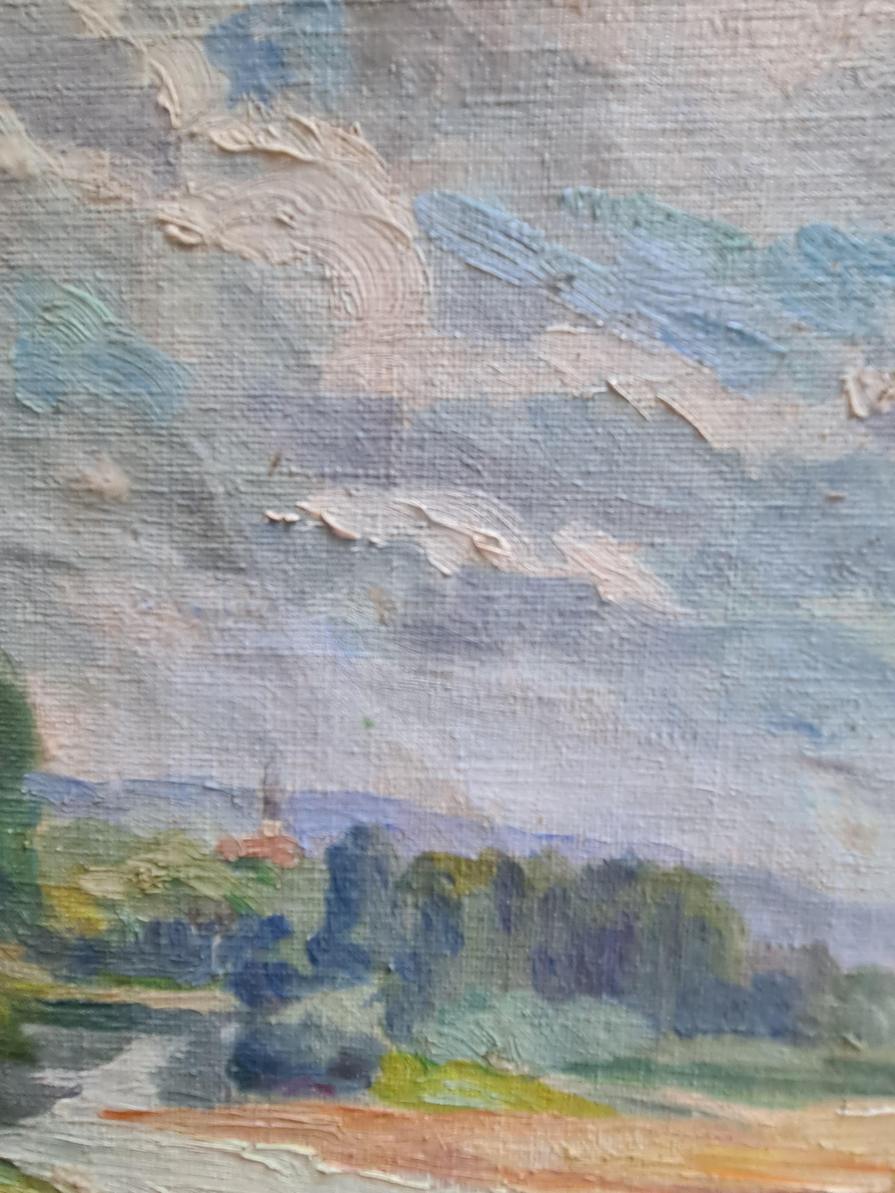 Impressionista francese  Paesaggio fluviale, La Loira. Olio su tela. 2