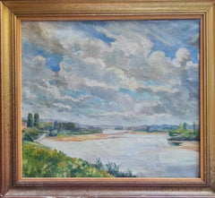 Impressionista francese  Paesaggio fluviale, La Loira. Olio su tela.