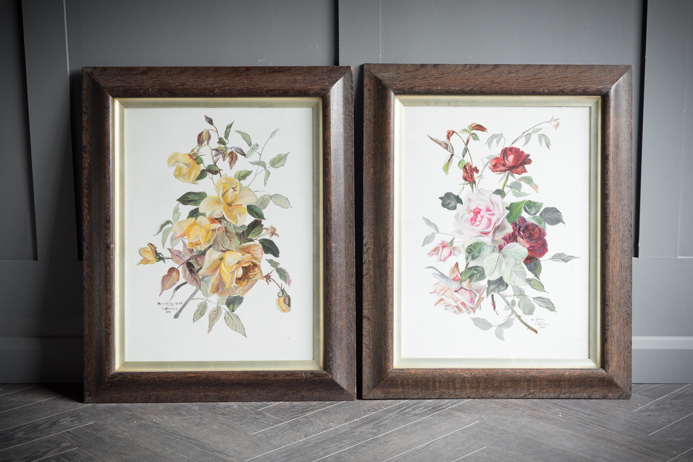 Début du 20ème siècle, paire de peintures florales encadrées, signées par E.Howard. 