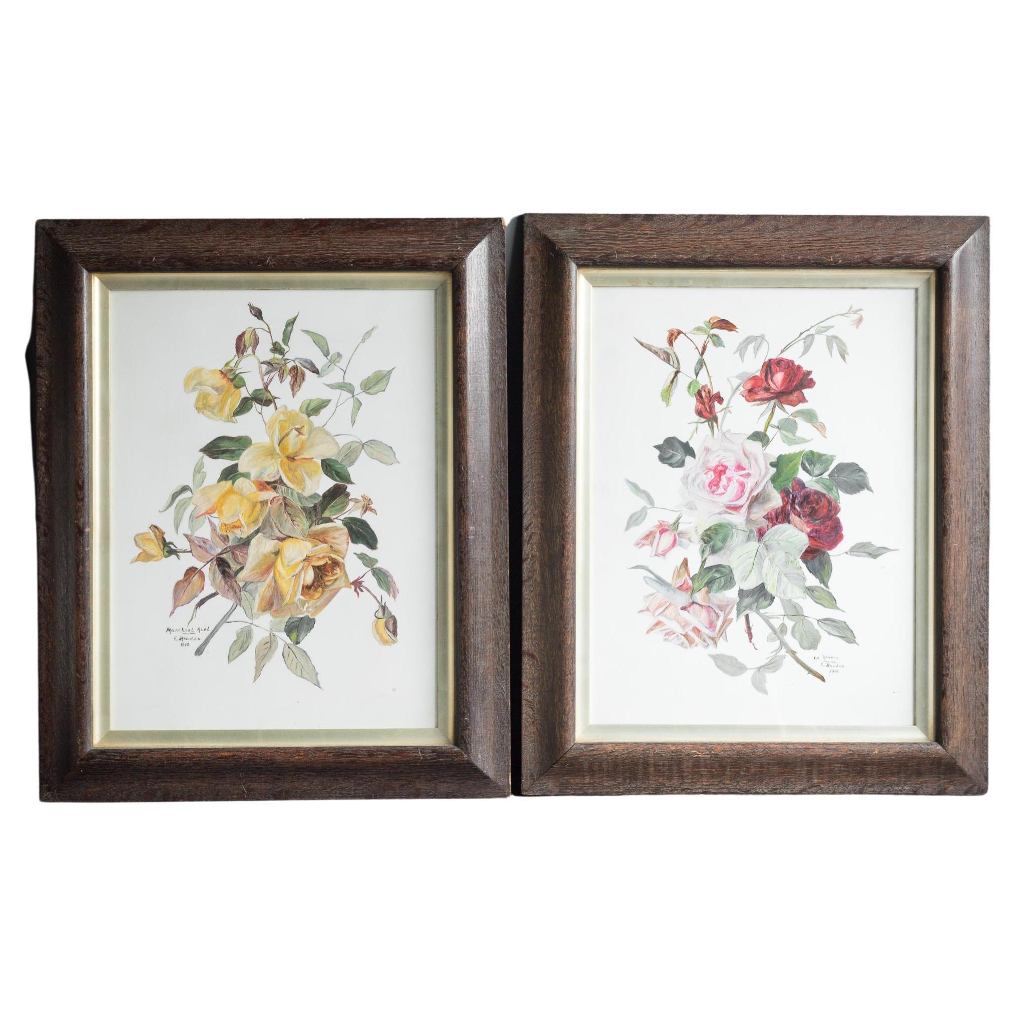 Paire de peintures à fleurs de E. Howden, encadrées et signées en vente