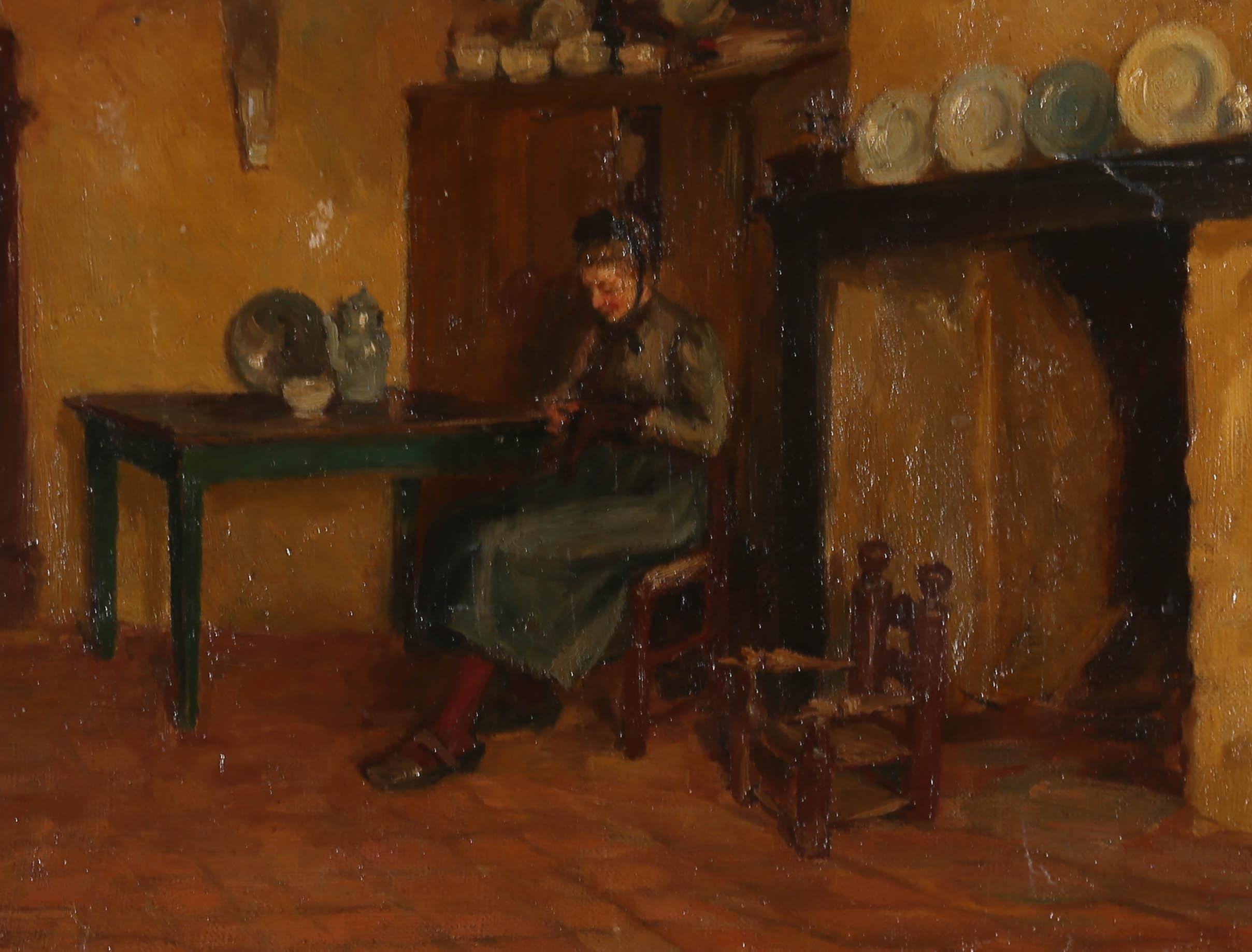 E. Hunter - Early 20th Century Oil, Darning For Sale 1