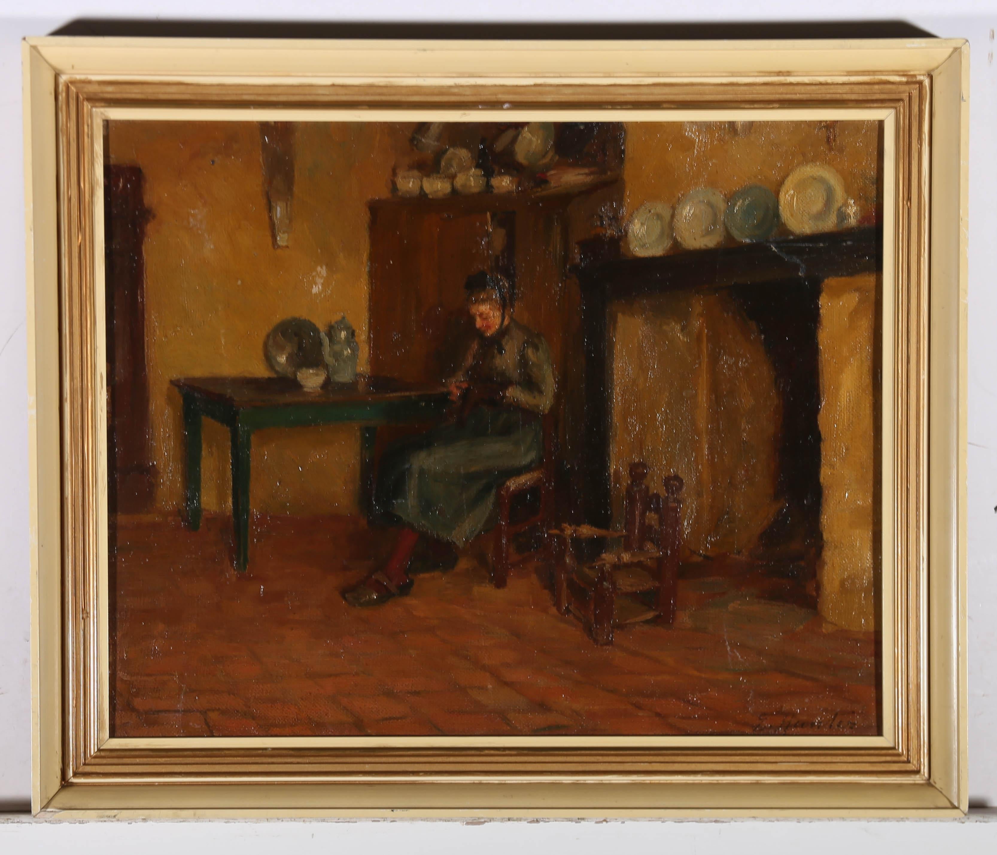 E. Hunter - Early 20th Century Oil, Darning For Sale 2