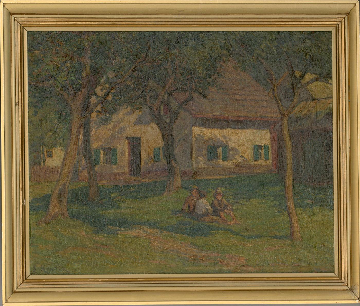 Une peinture à l'huile audacieuse et engageante de l'artiste E. Hunter, représentant trois garçons assis ensemble à l'ombre d'un groupe d'arbres. L'artiste a capturé le charme délicieux de cette scène avec son style impressionniste à l'empâtement.