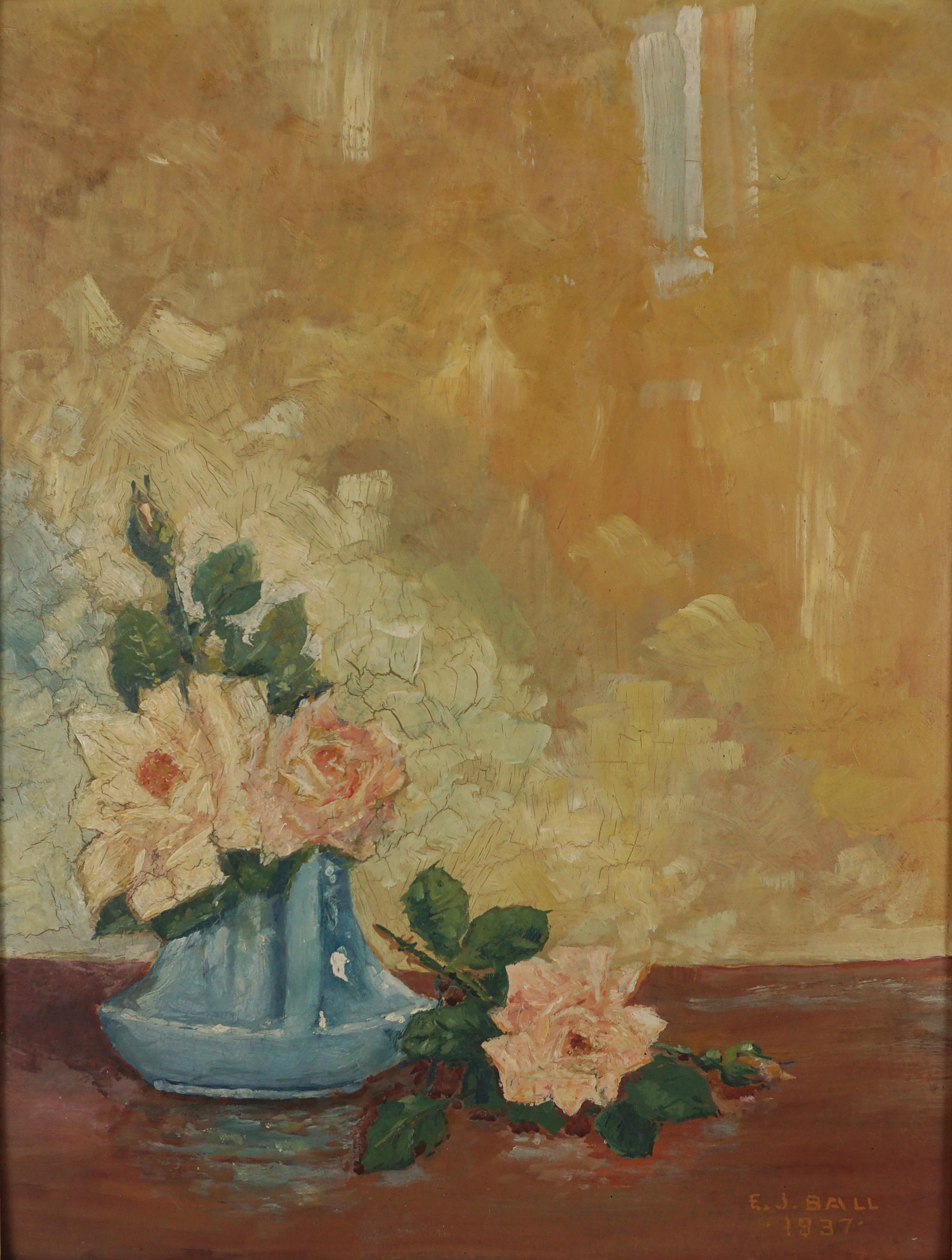 1937 Art Deco Original Oil Still Life of Pink Roses in Blue Vase

Wonderful example of an art deco still life painting by E.J. Ball (American 20th Century) signed and dated 
