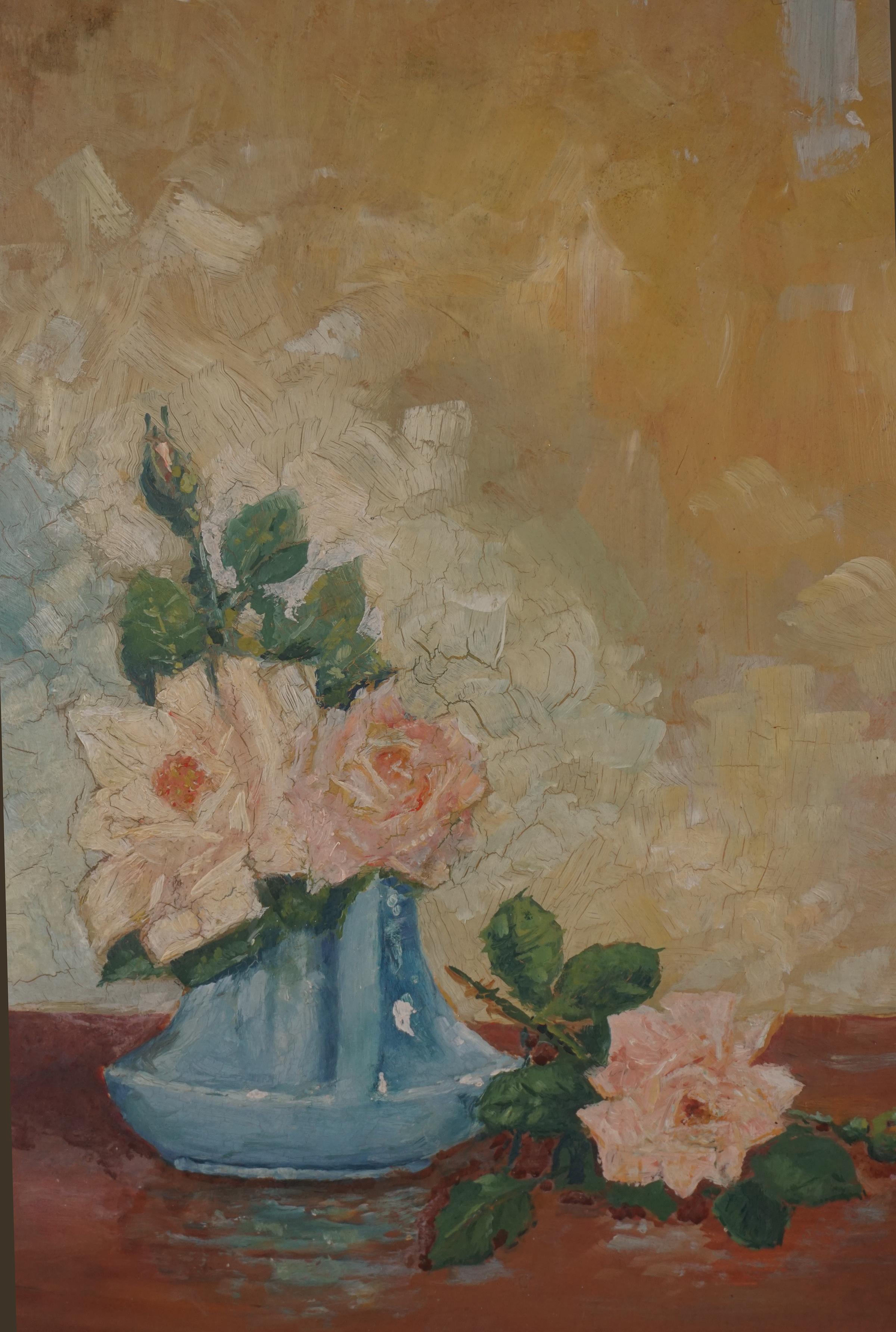 Art Deco Pink Roses in Blue Vase Original Oil Still Life Painting 1